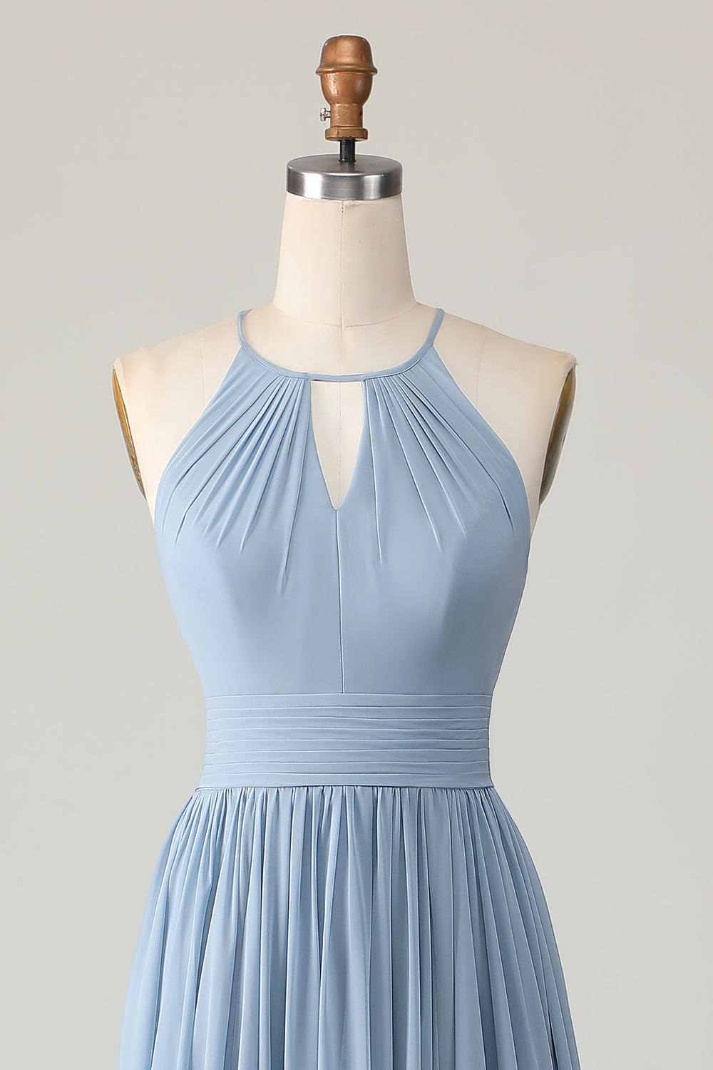 Dusty Blue Chiffon Halter Ruched Long Wedding Guest Dress with Keyhole