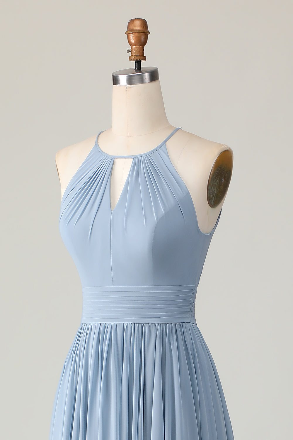 Dusty Blue Chiffon Halter Ruched Long Wedding Guest Dress with Keyhole