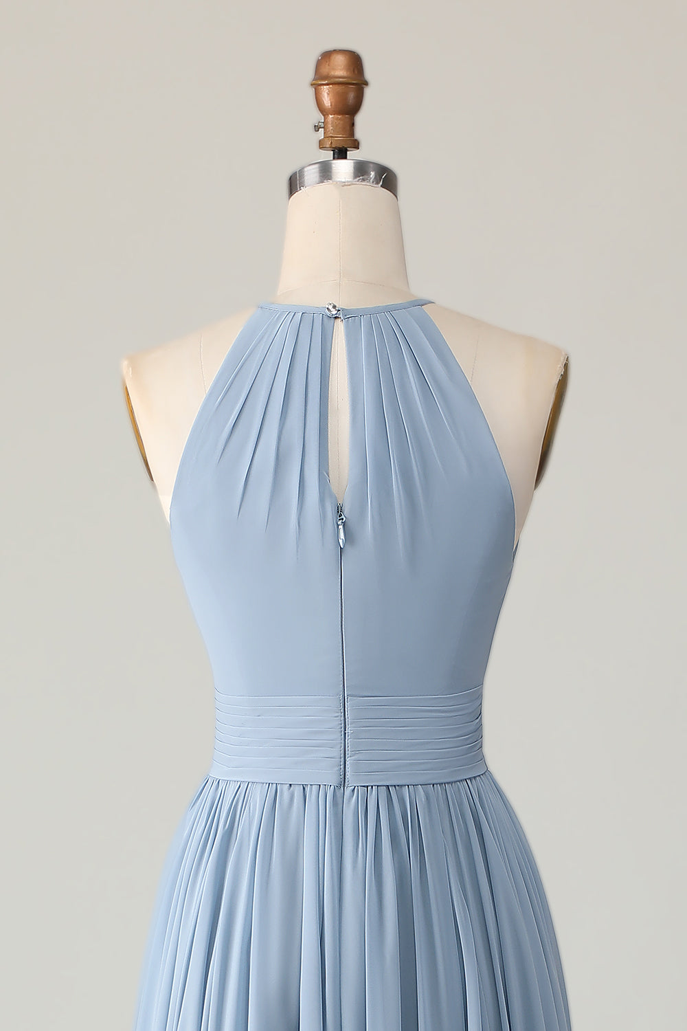 Dusty Blue Chiffon Halter Ruched Long Wedding Guest Dress with Keyhole