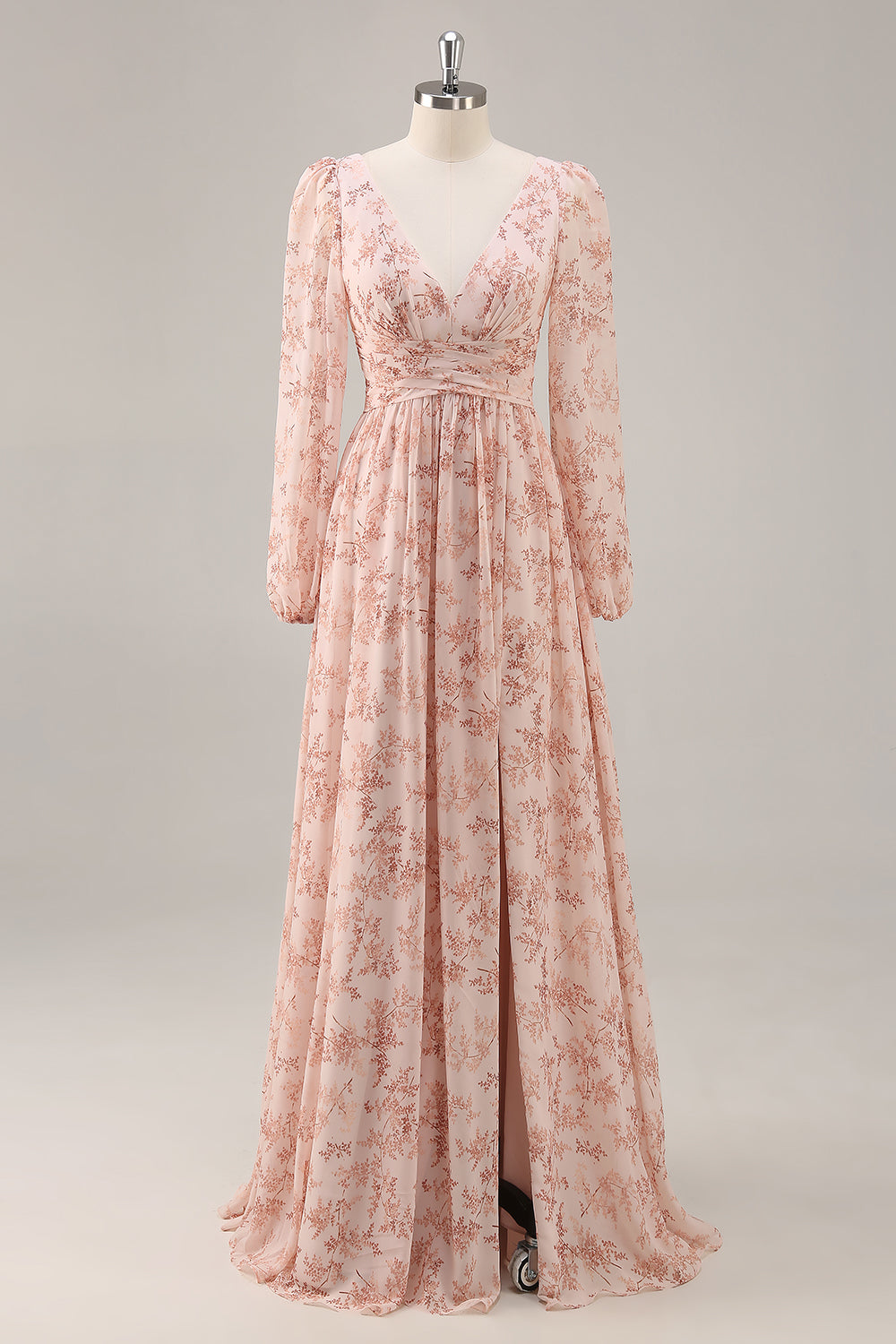 Floral Pink Chiffon V-Neck Long Sleeves Wedding Guest Dress with Slit