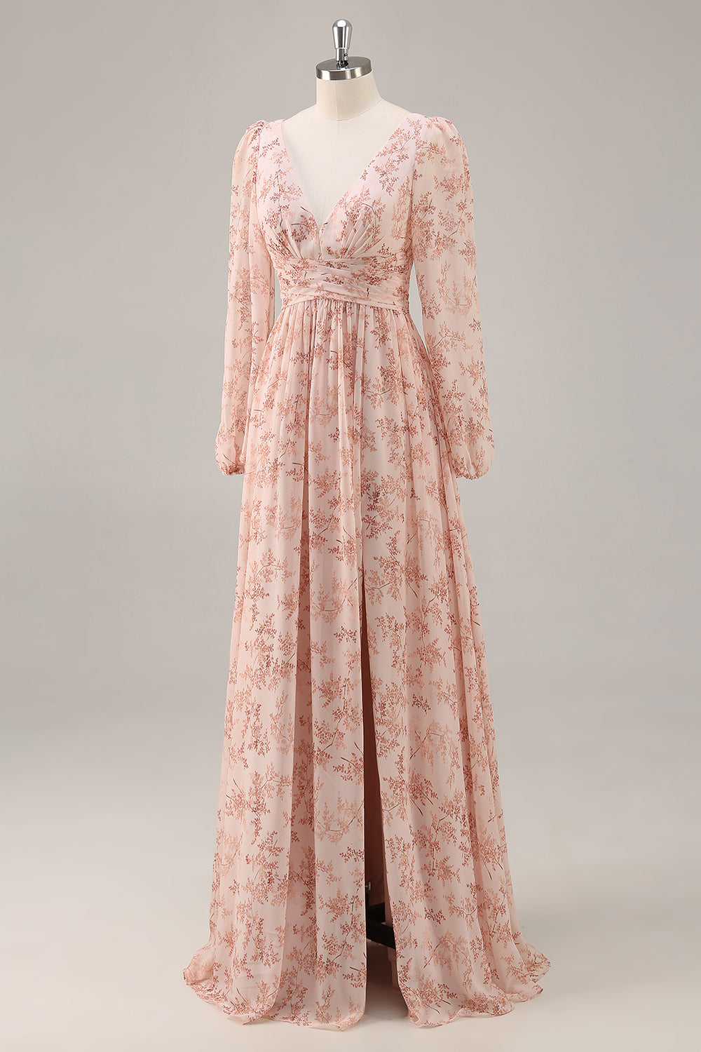 Floral Pink Chiffon V-Neck Long Sleeves Wedding Guest Dress with Slit