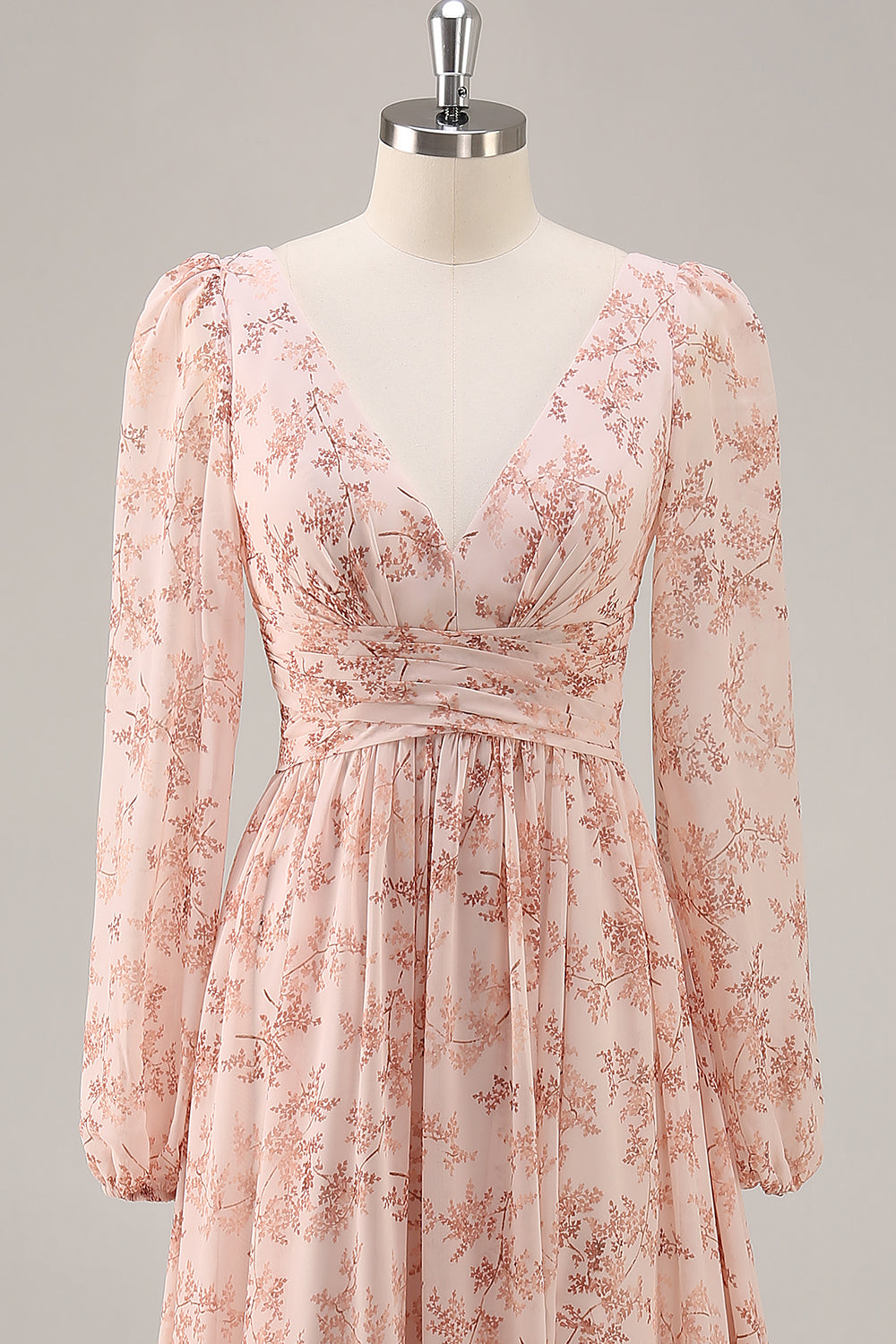 Floral Pink Chiffon V-Neck Long Sleeves Wedding Guest Dress with Slit