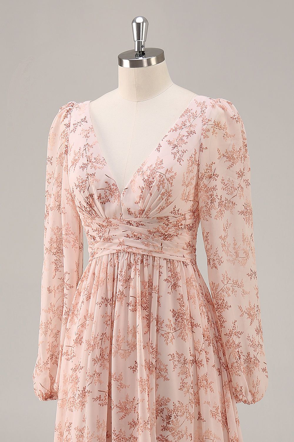 Floral Pink Chiffon V-Neck Long Sleeves Wedding Guest Dress with Slit