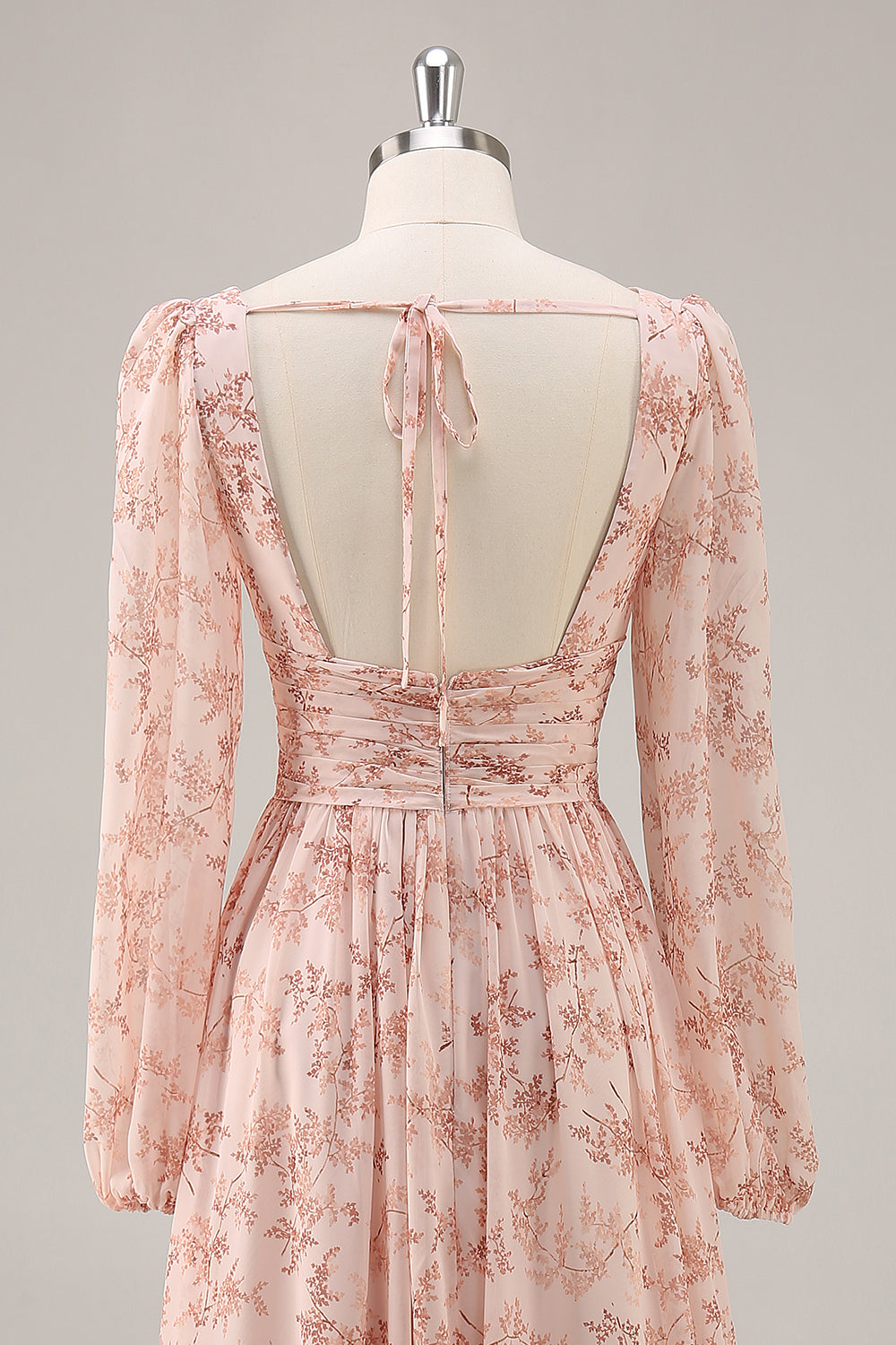 Floral Pink Chiffon V-Neck Long Sleeves Wedding Guest Dress with Slit