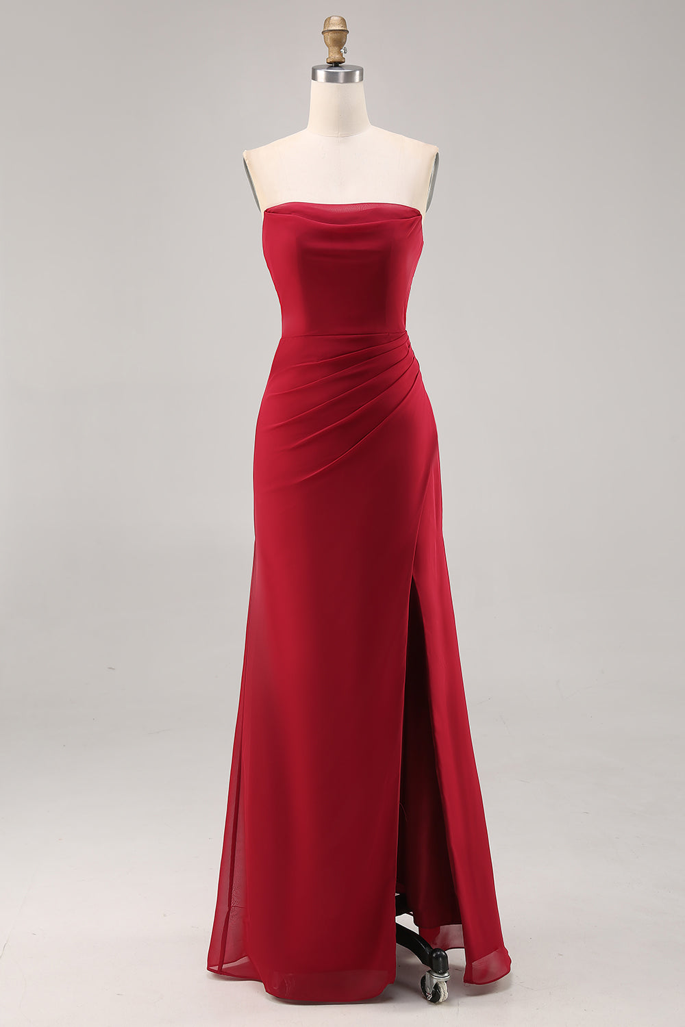 Dark Red Chiffon Ruched Sheath Long Wedding Guest Dress with Slit