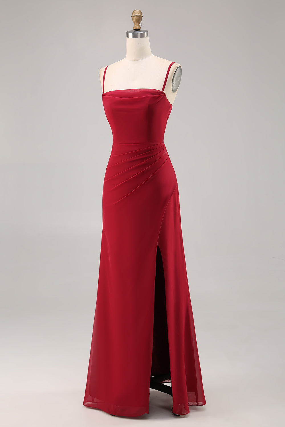 Dark Red Chiffon Ruched Sheath Long Wedding Guest Dress with Slit