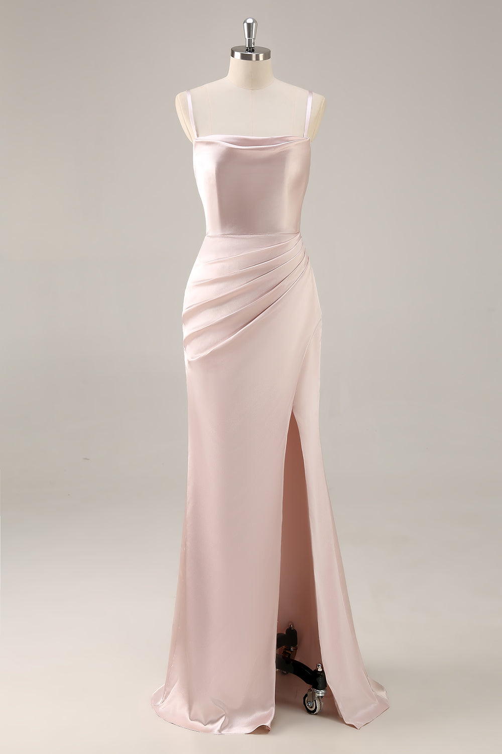 Candy Pink Satin Sheath Ruched Long Wedding Guest Dress with Slit