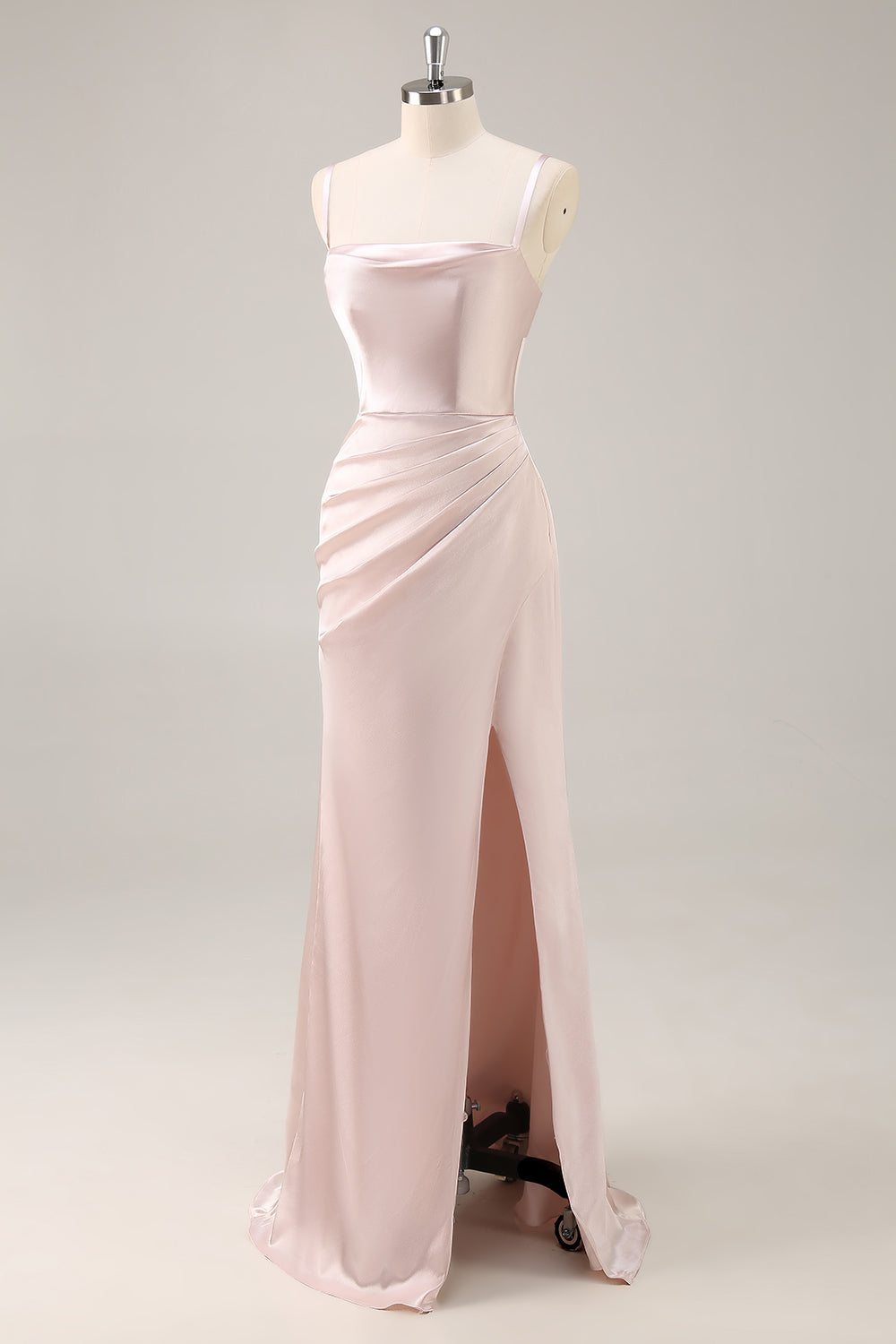 Candy Pink Satin Sheath Ruched Long Wedding Guest Dress with Slit
