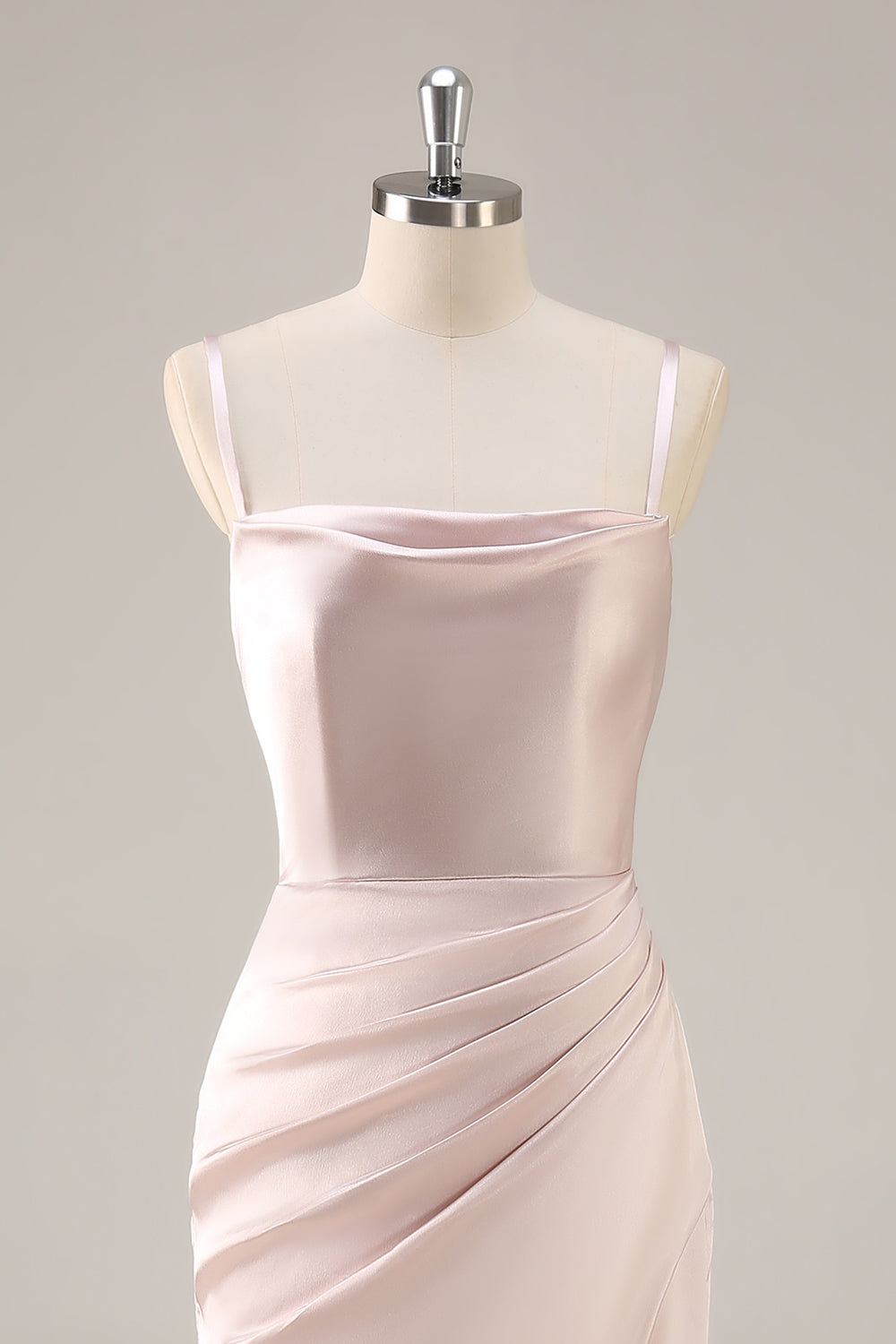 Candy Pink Satin Sheath Ruched Long Wedding Guest Dress with Slit