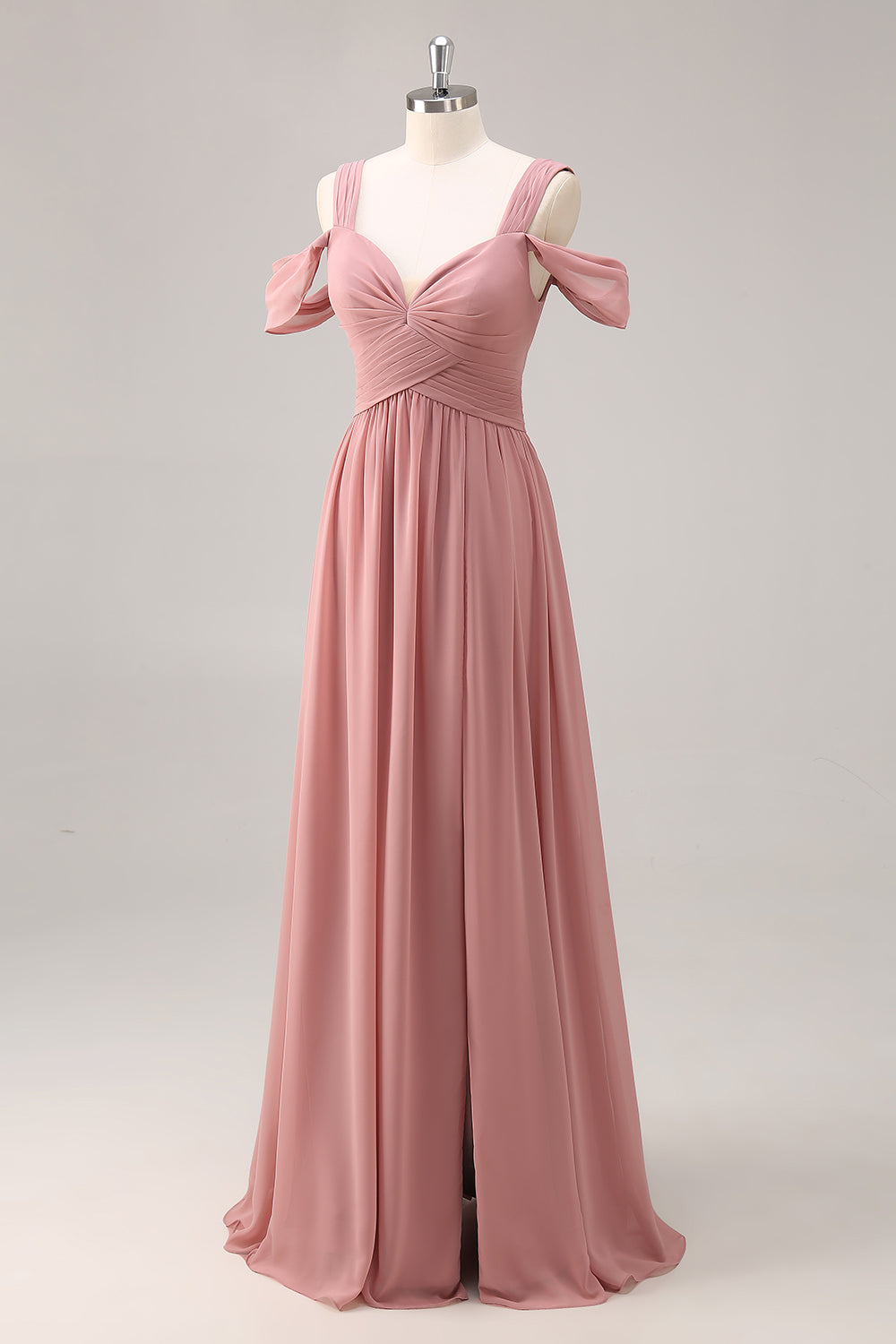 Dusty Rose Chiffon Cold Shoulder Long Wedding Guest Dress with Slit