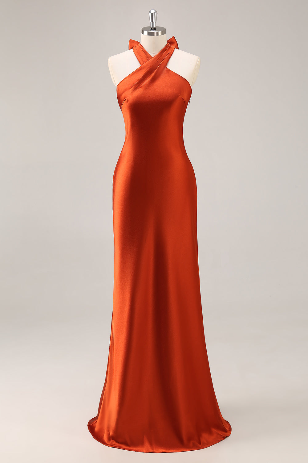 Rust Mermaid Halter Satin Long Wedding Guest Dress with Bow