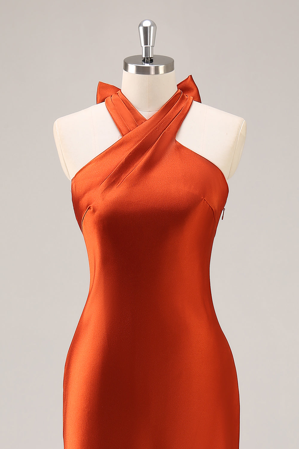 Rust Mermaid Halter Satin Long Wedding Guest Dress with Bow