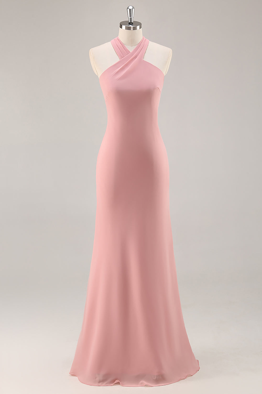 Blush Chiffon Halter Mermaid Long Wedding Guest Dress with Bow