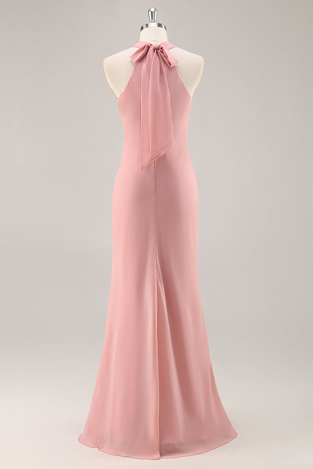 Blush Chiffon Halter Mermaid Long Wedding Guest Dress with Bow
