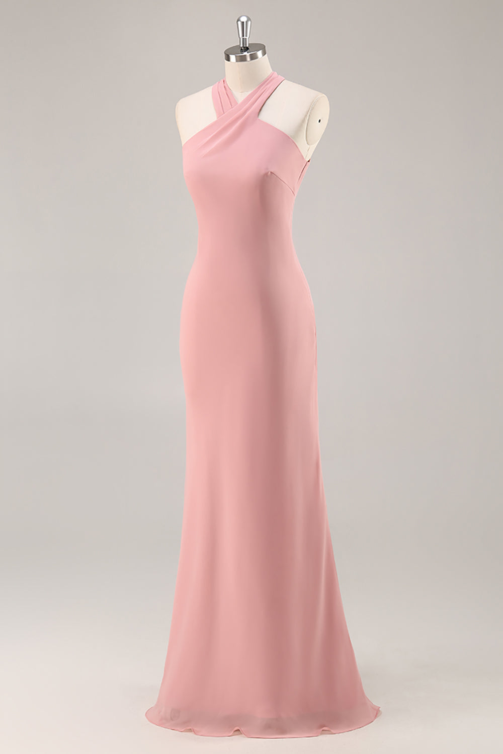 Blush Chiffon Halter Mermaid Long Wedding Guest Dress with Bow