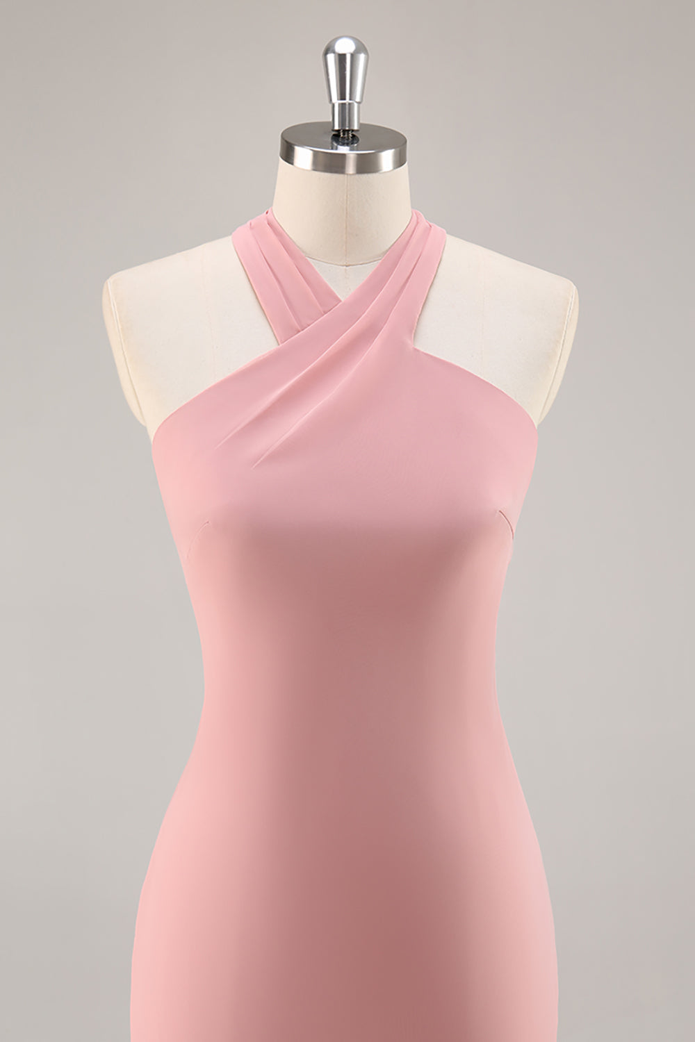 Blush Chiffon Halter Mermaid Long Wedding Guest Dress with Bow