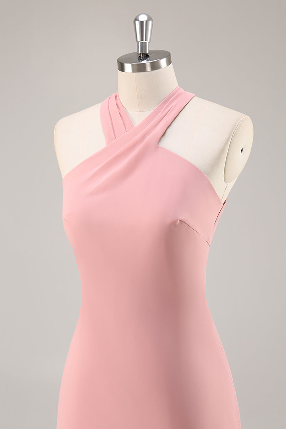 Blush Chiffon Halter Mermaid Long Wedding Guest Dress with Bow