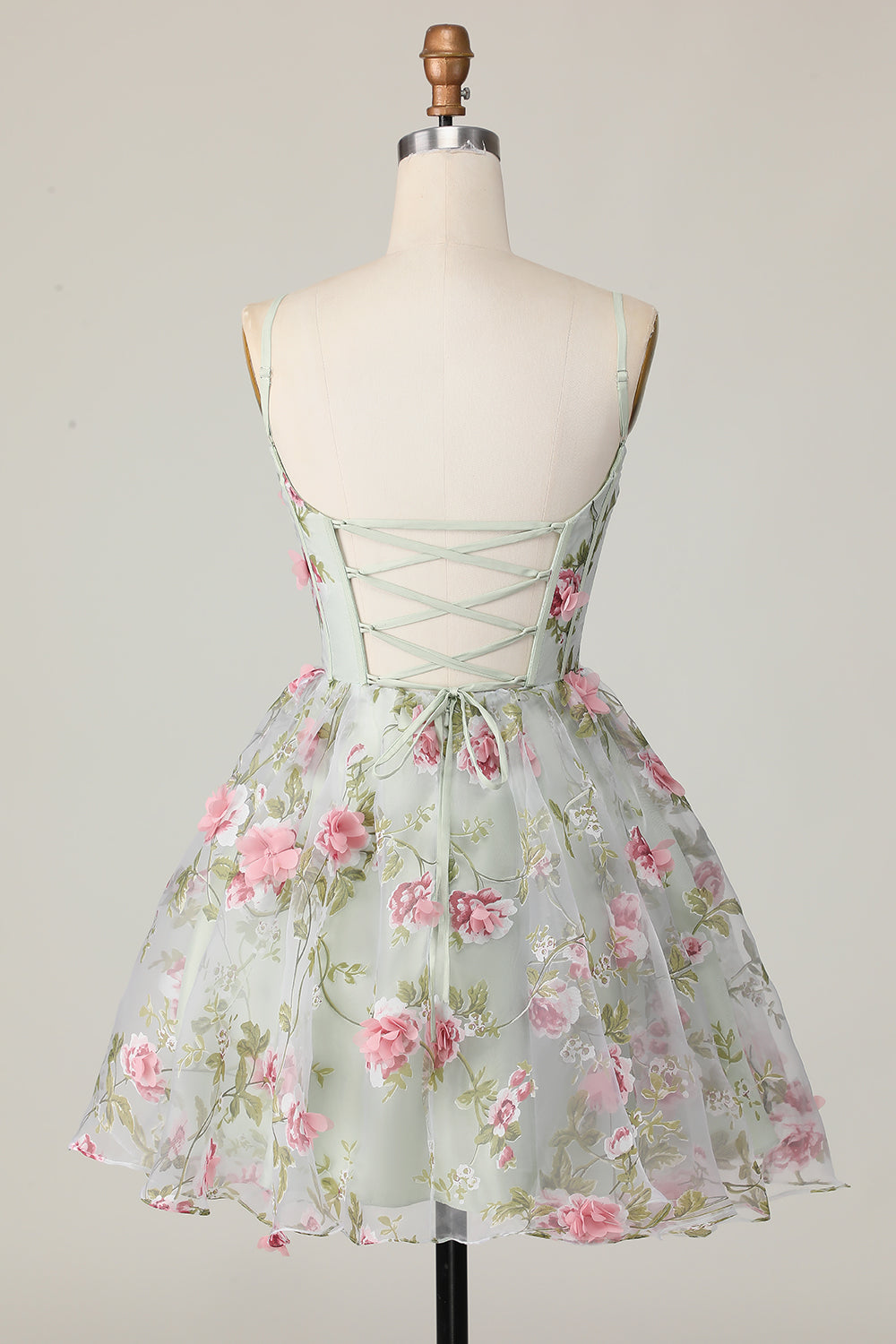 Floral Sage A Line Spaghetti Straps Short Corset Homecoming Dress