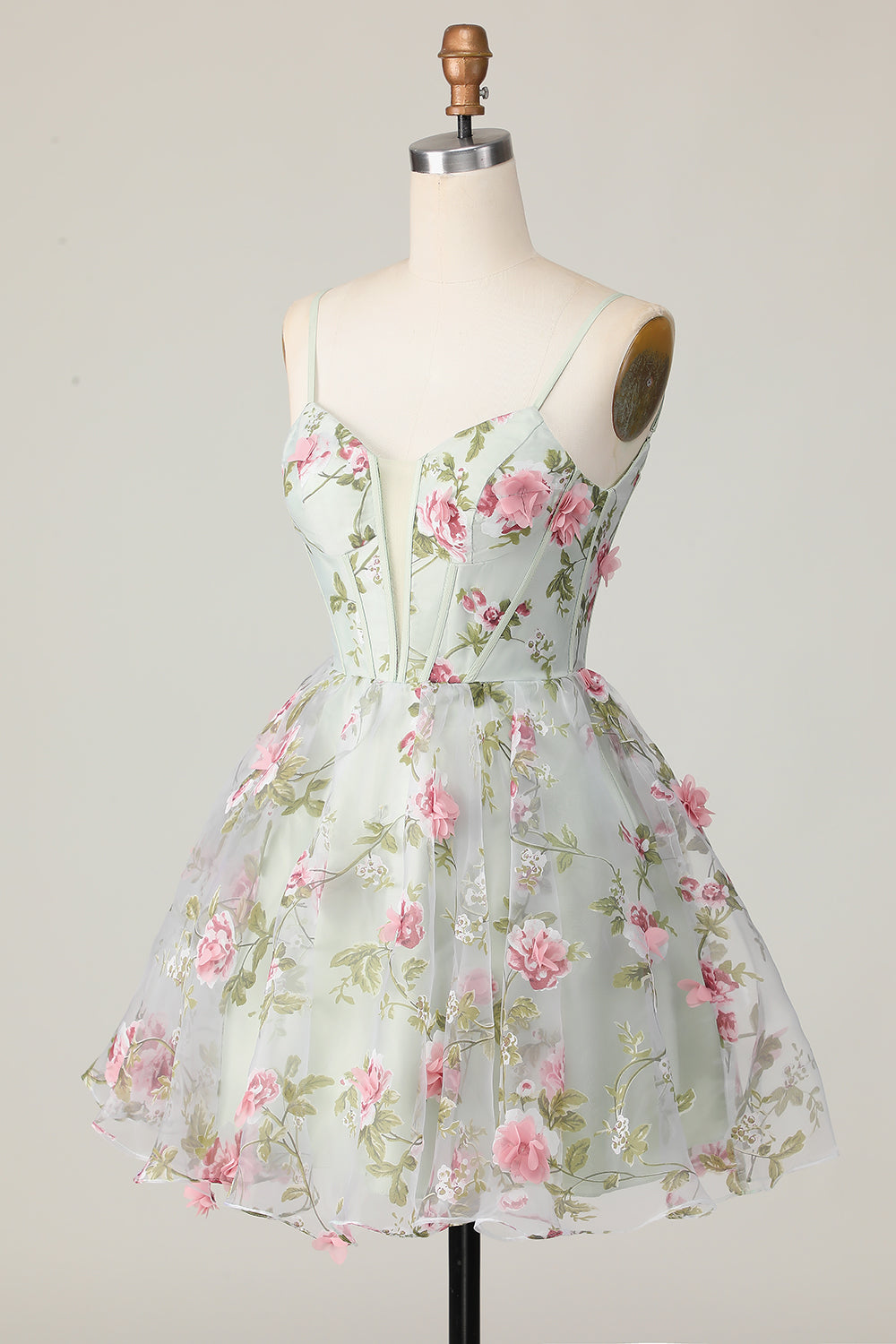 Floral Sage A Line Spaghetti Straps Short Corset Homecoming Dress