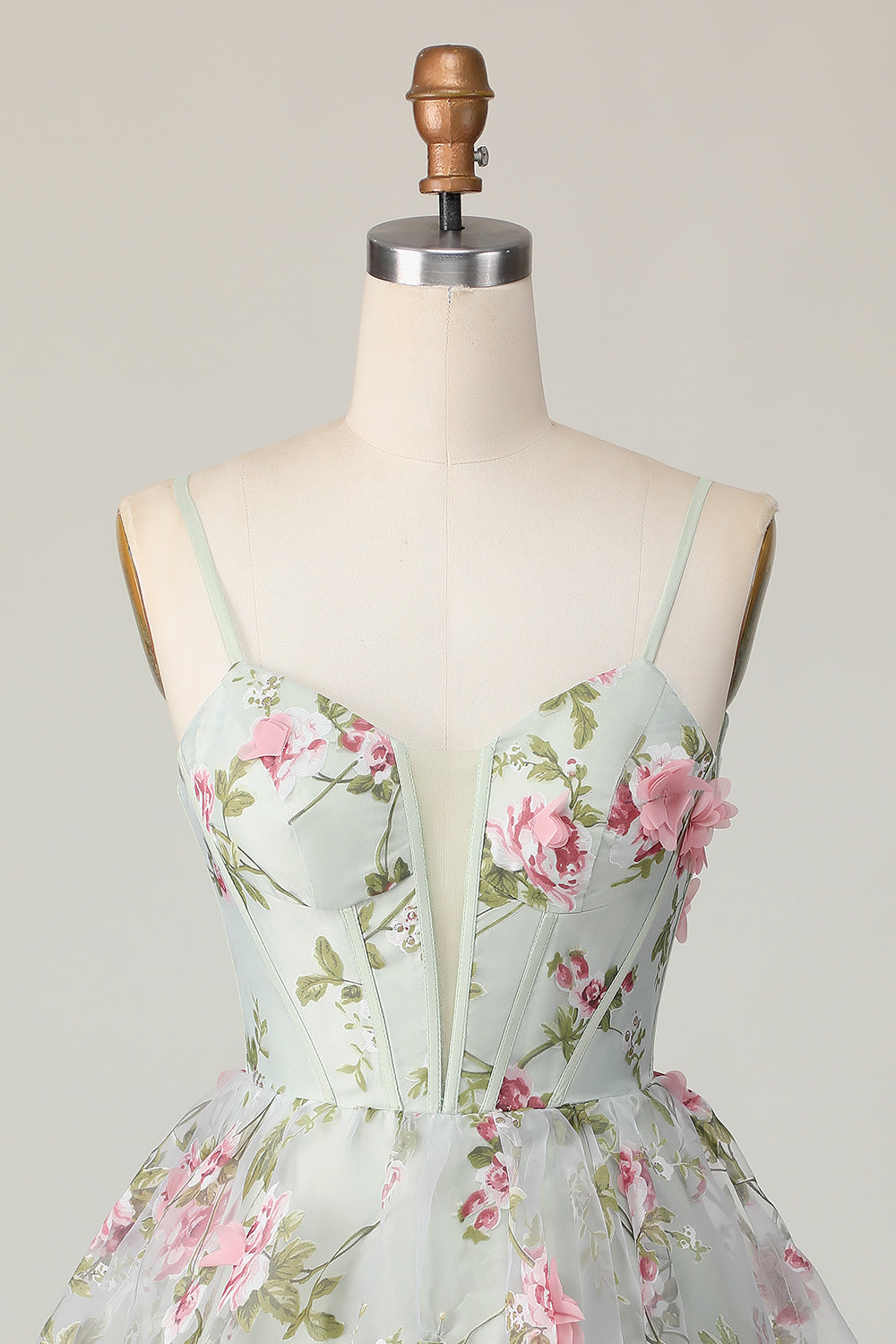 Floral Sage A Line Spaghetti Straps Short Corset Homecoming Dress