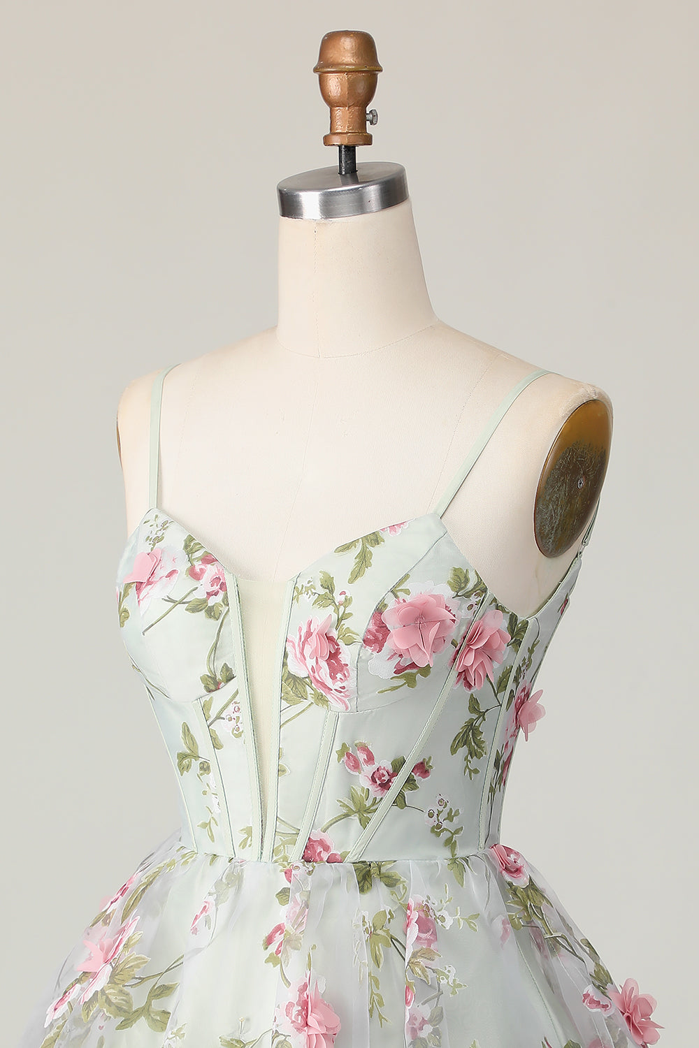 Floral Sage A Line Spaghetti Straps Short Corset Homecoming Dress