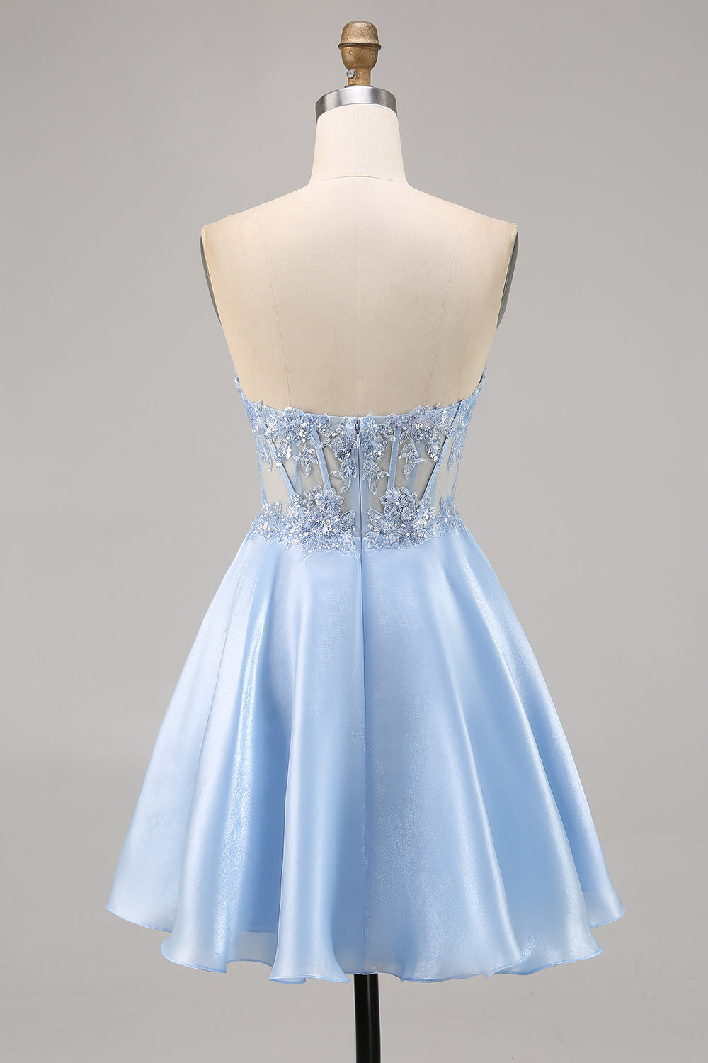 Sparkly Light Blue Strapless Corset Short Satin Homecoming Dress with Lace
