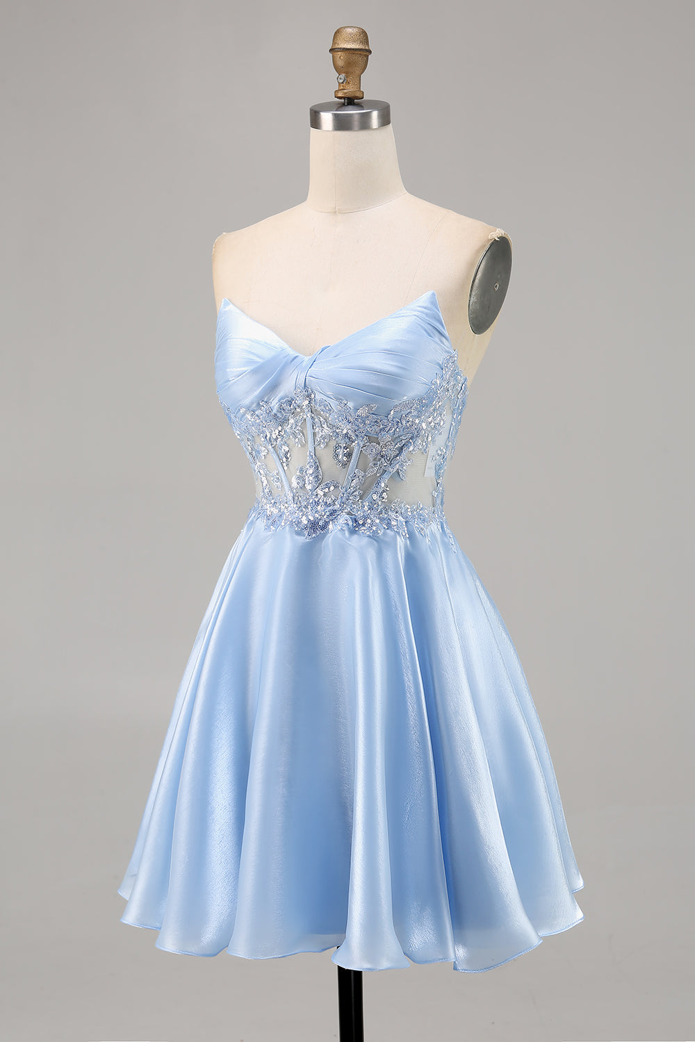 Sparkly Light Blue Strapless Corset Short Satin Homecoming Dress with Lace