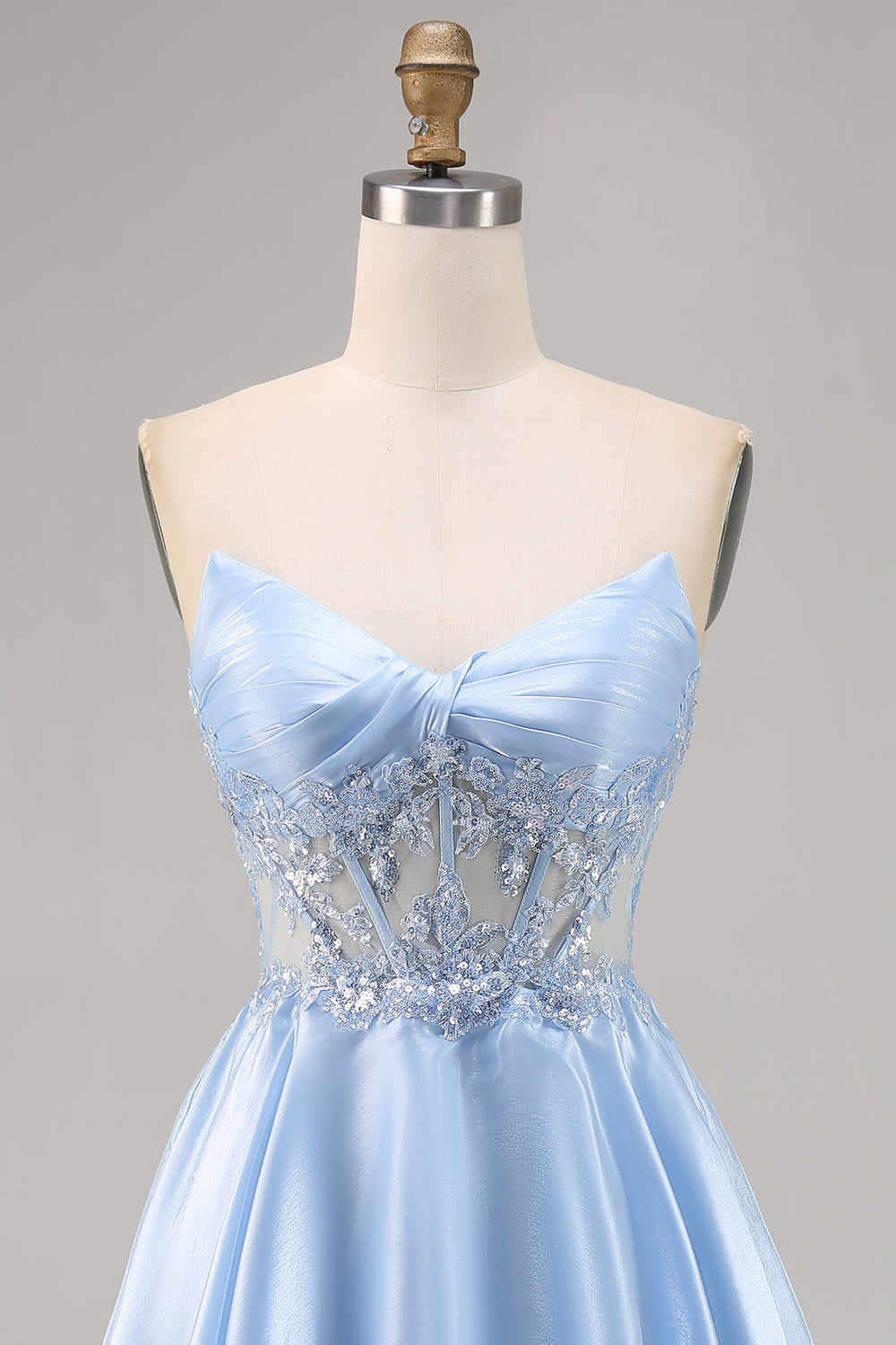 Sparkly Light Blue Strapless Corset Short Satin Homecoming Dress with Lace