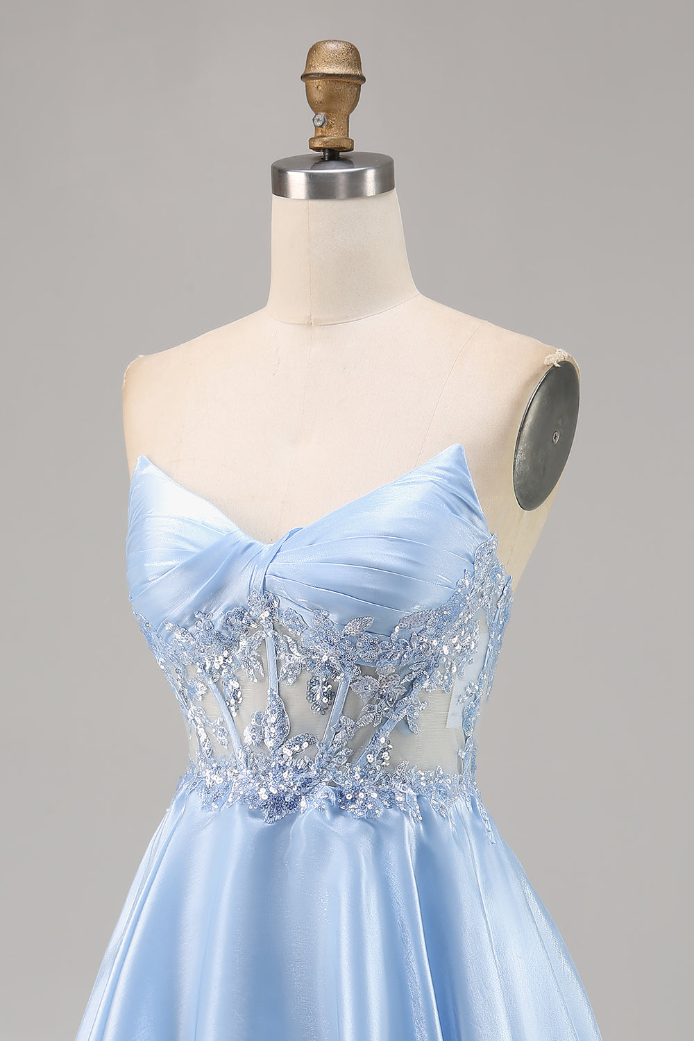 Sparkly Light Blue Strapless Corset Short Satin Homecoming Dress with Lace
