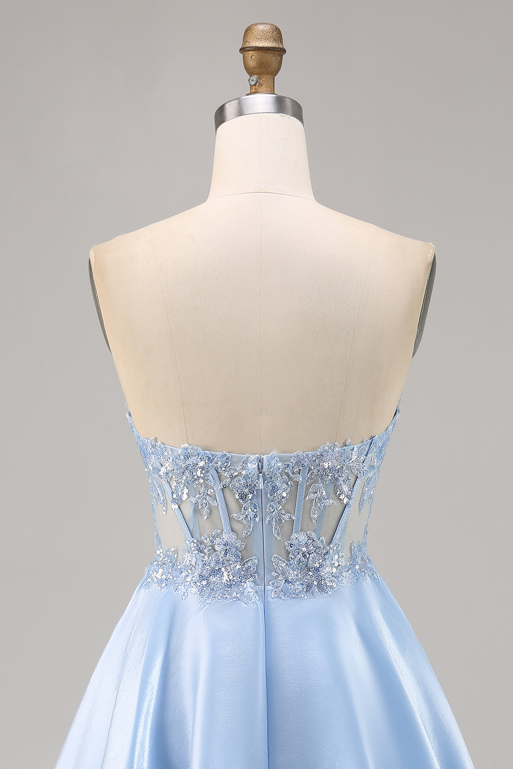 Sparkly Light Blue Strapless Corset Short Satin Homecoming Dress with Lace