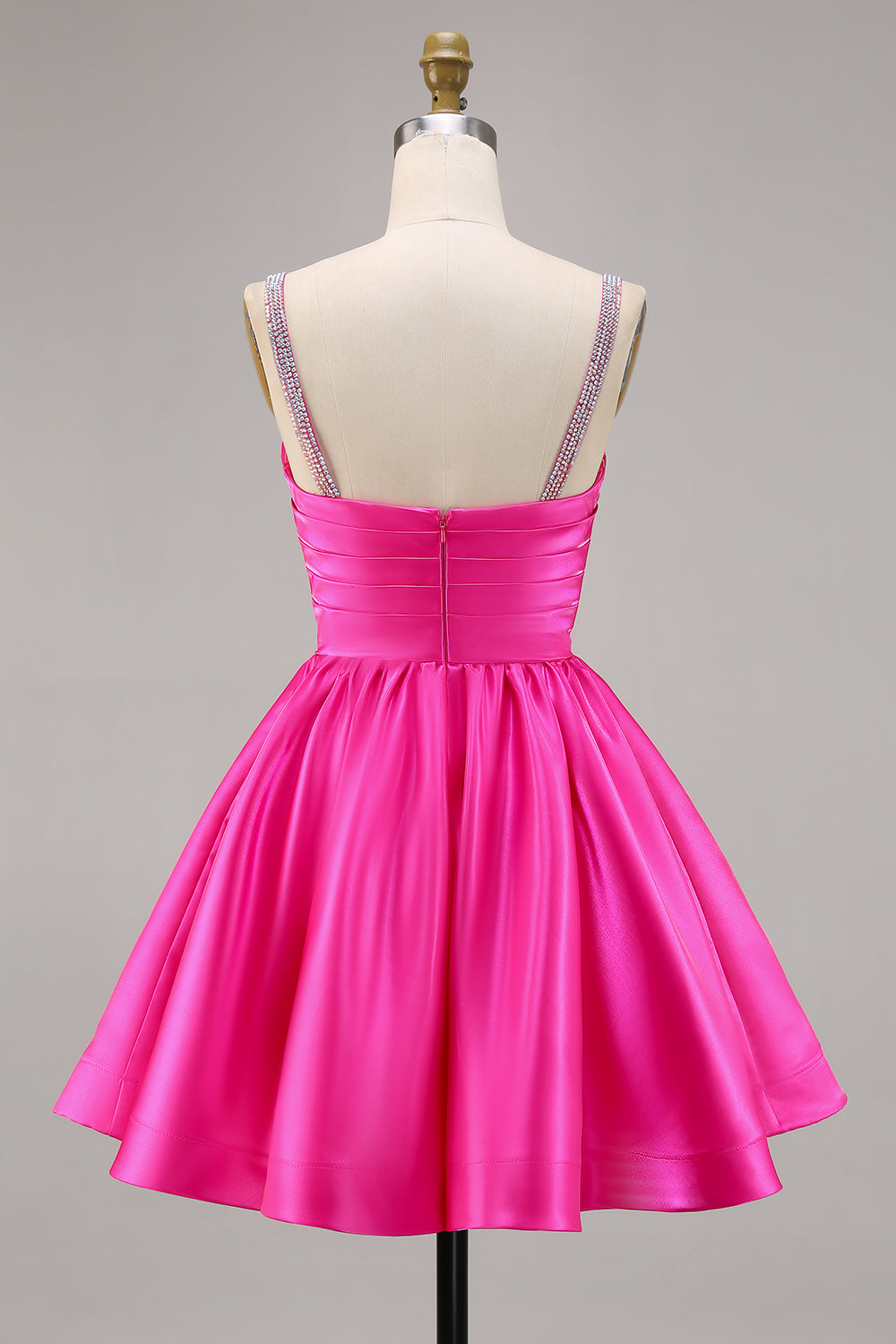Sparkly Fuchsia Ruched Short Satin Homecoming Dress with Beading