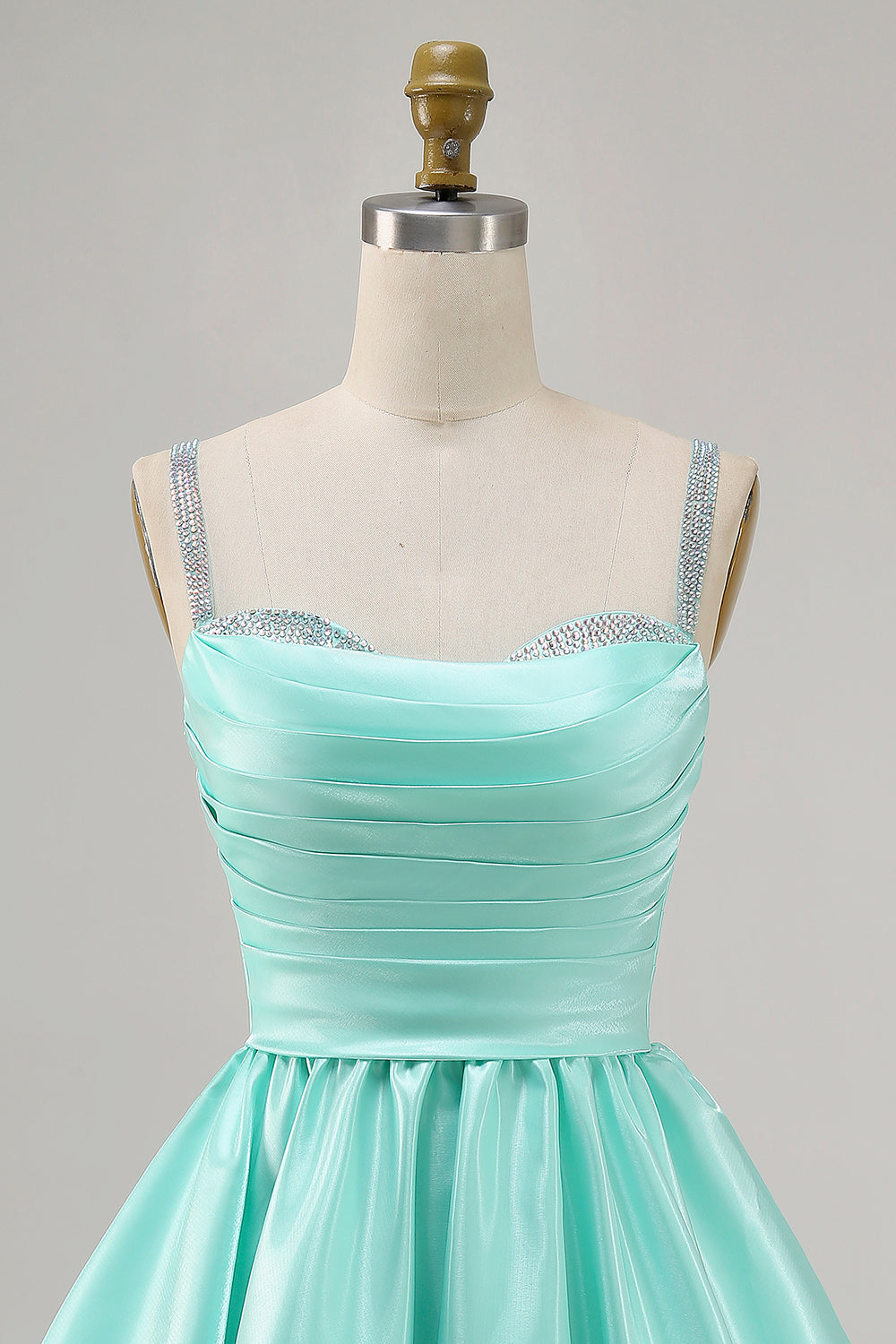 Sparkly Mint Green Ruched Short Satin Homecoming Dress with Beading