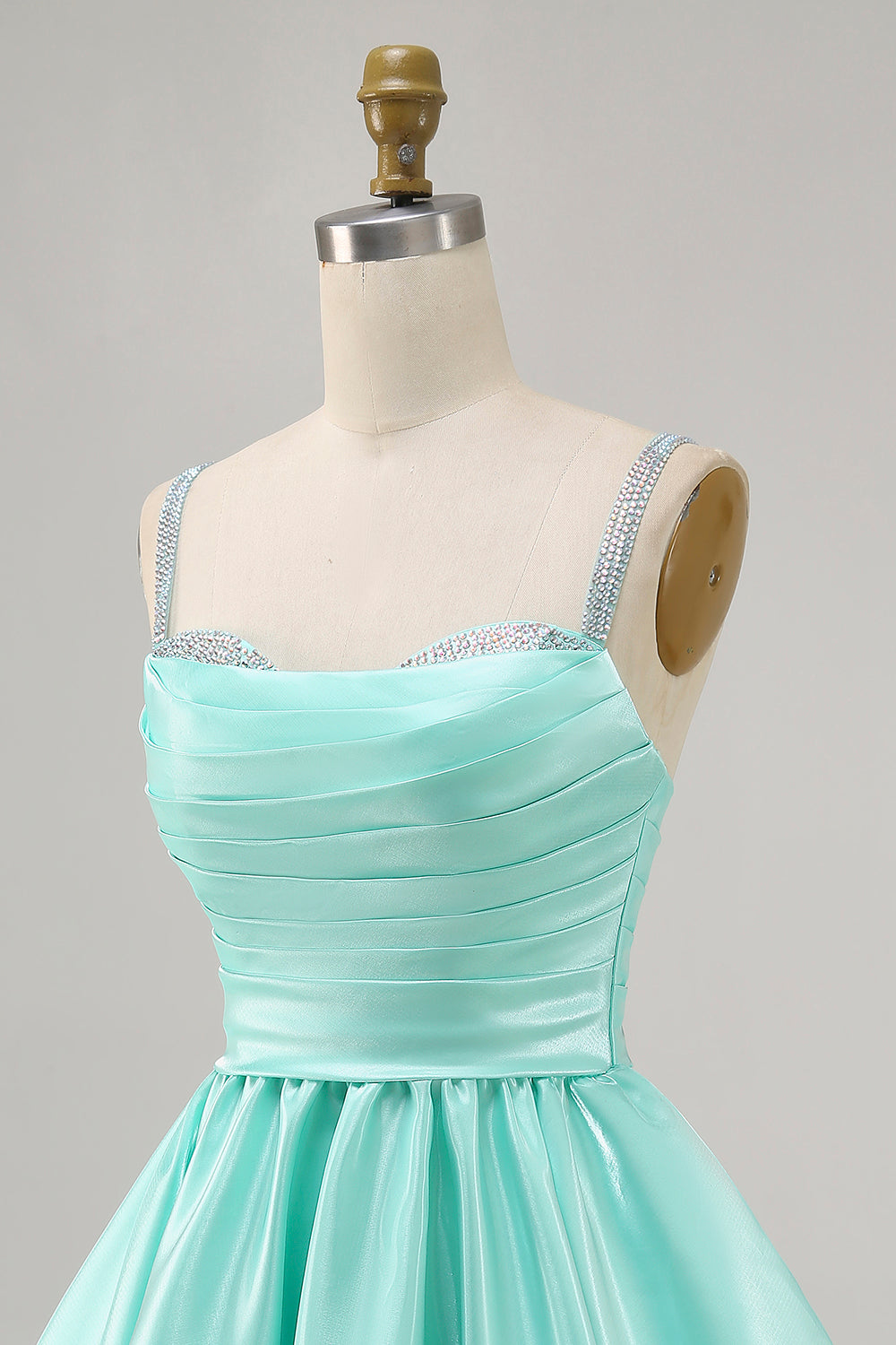 Sparkly Mint Green Ruched Short Satin Homecoming Dress with Beading
