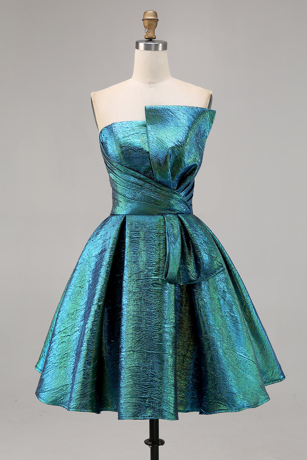 Metallic Peacock Green A Line Strapless Short Homecoming Dress