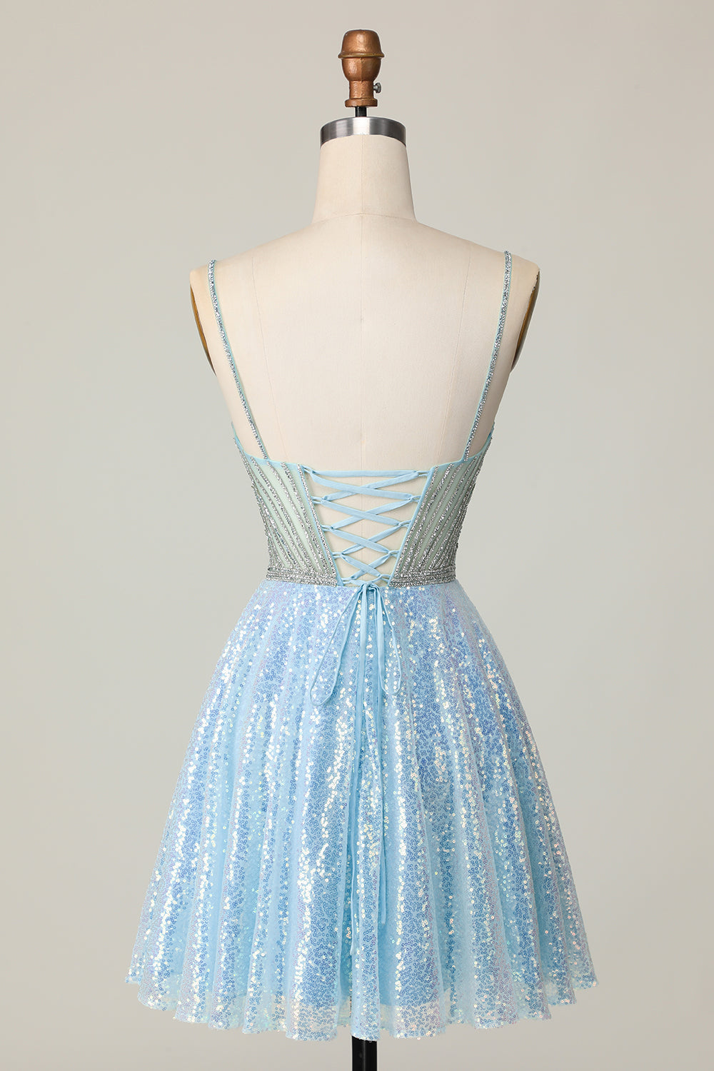 Sparkly Light Blue Spaghetti Straps Short Sequins Homecoming Dress with Beading