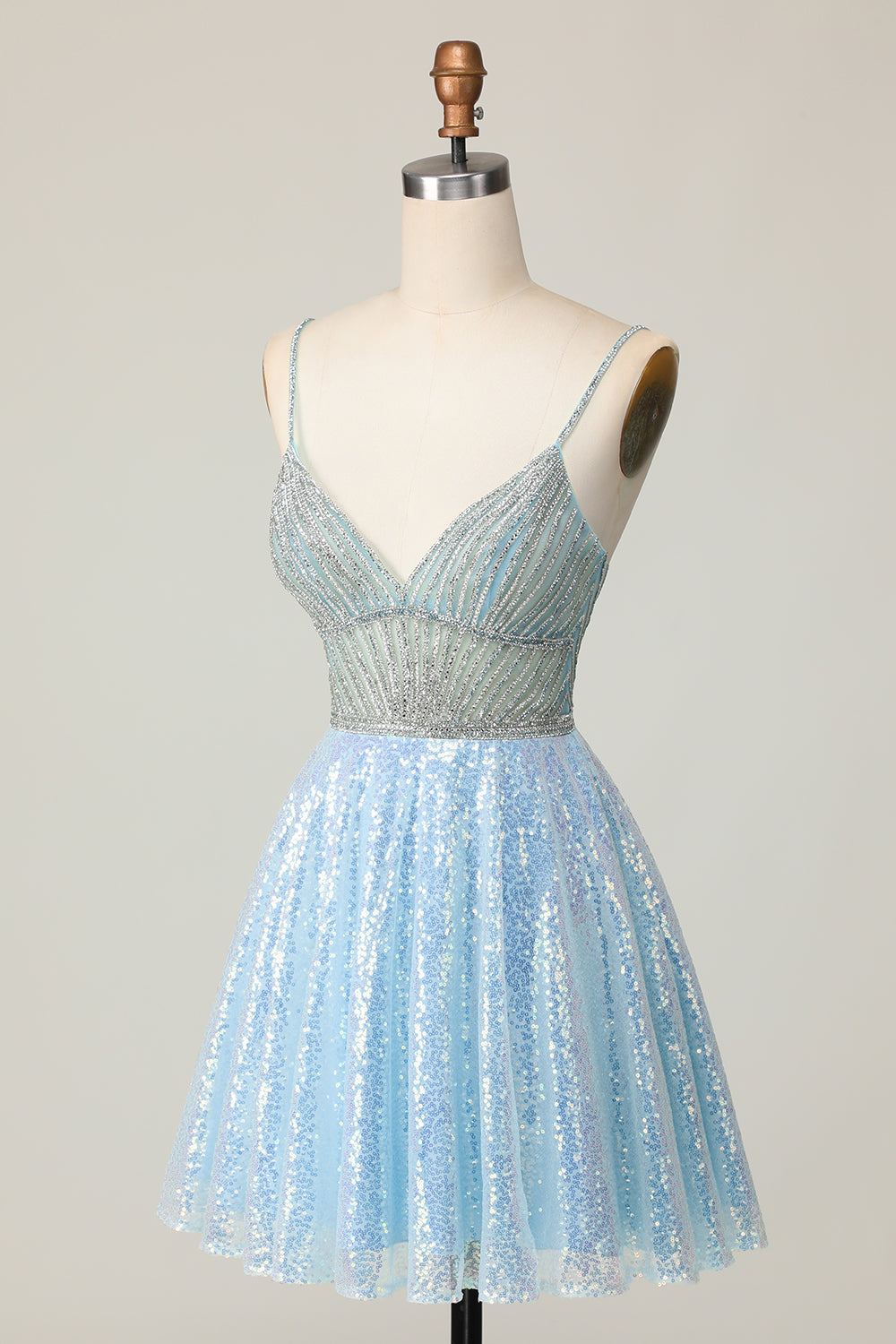 Sparkly Light Blue Spaghetti Straps Short Sequins Homecoming Dress with Beading