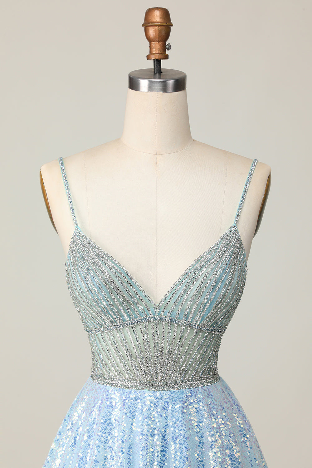 Sparkly Light Blue Spaghetti Straps Short Sequins Homecoming Dress with Beading