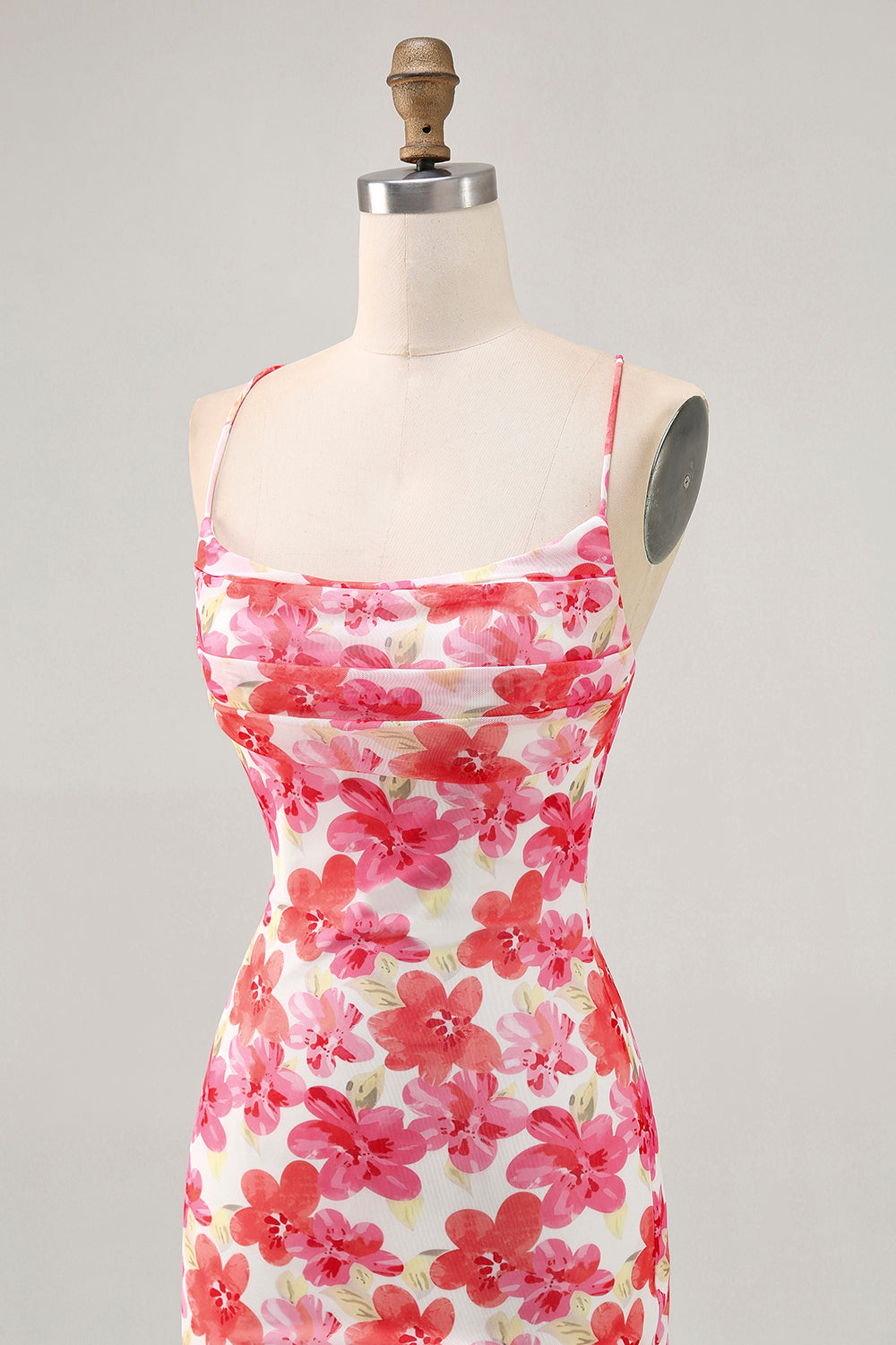 Floral Red Ruched Short Tight Homecoming Dress with Ruffles