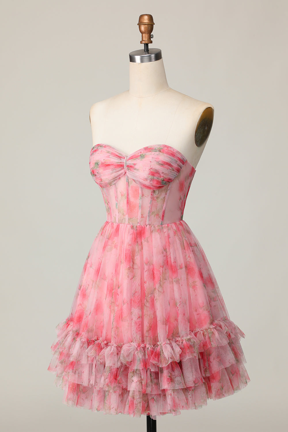 Floral Red Sweetheart Short Corset Homecoming Dress with Ruffles