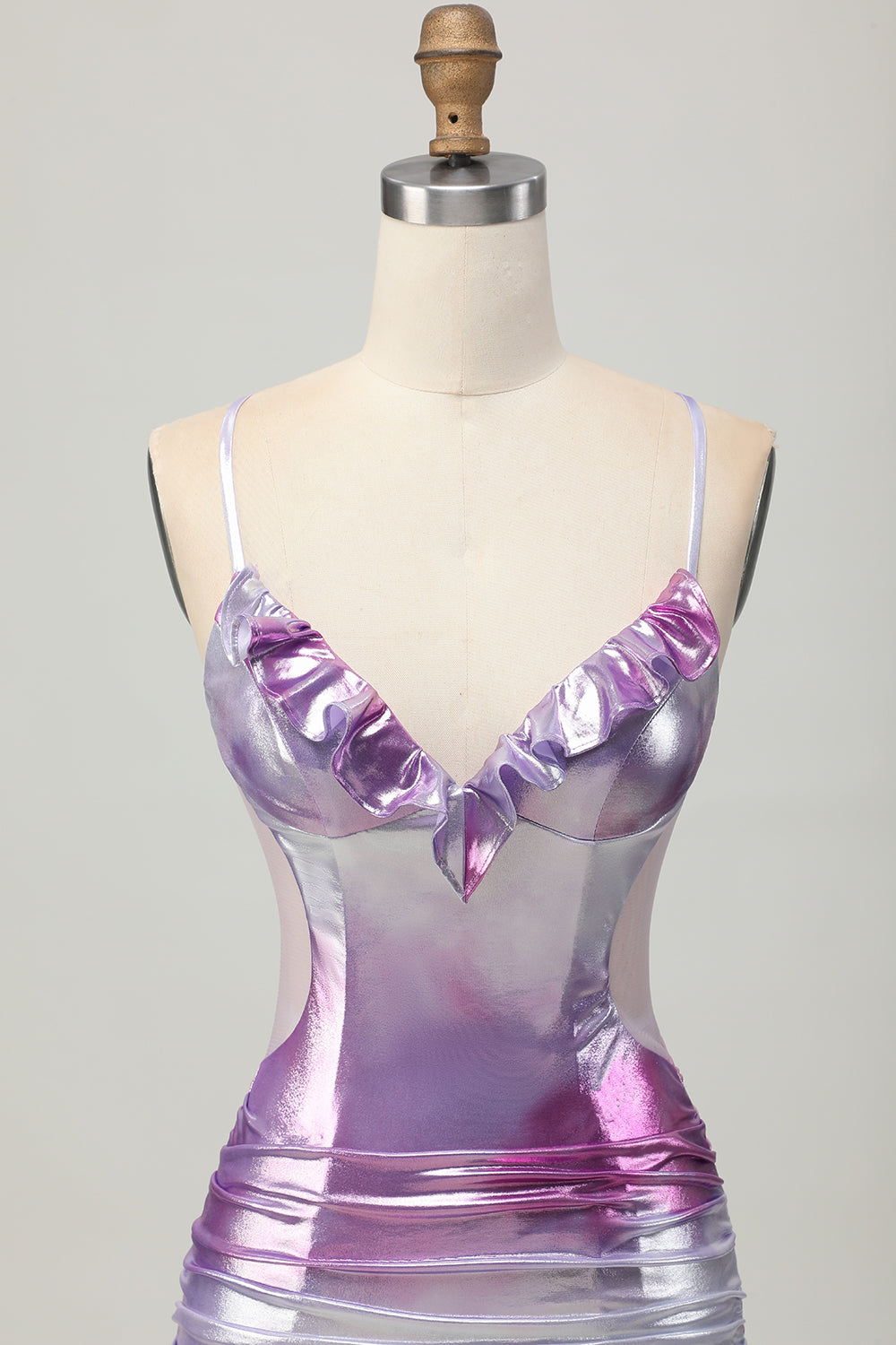Metallic Silver Purple Spaghetti Straps Short Bodycon Homecoming Dress