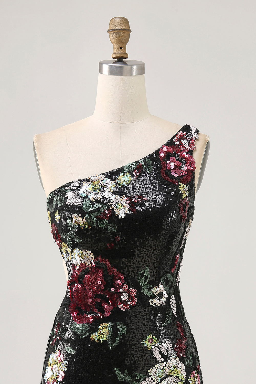 Floral Black Sequins One Shoulder Short Homecoming Dress with Fringes