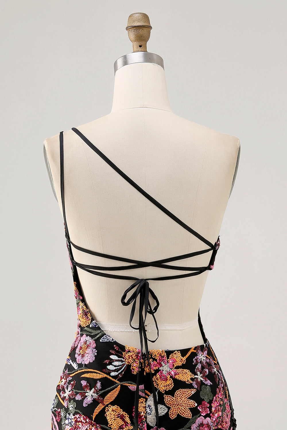 Sparkly Black Sequins One Shoulder Short Floral Homecoming Dress