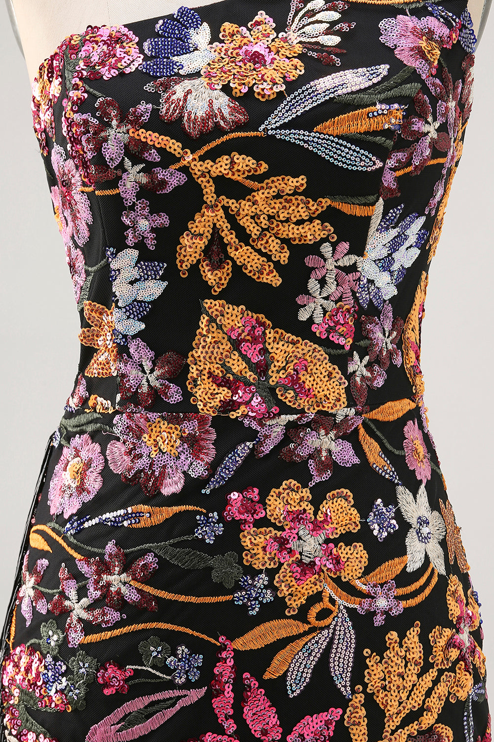 Sparkly Black Sequins One Shoulder Short Floral Homecoming Dress