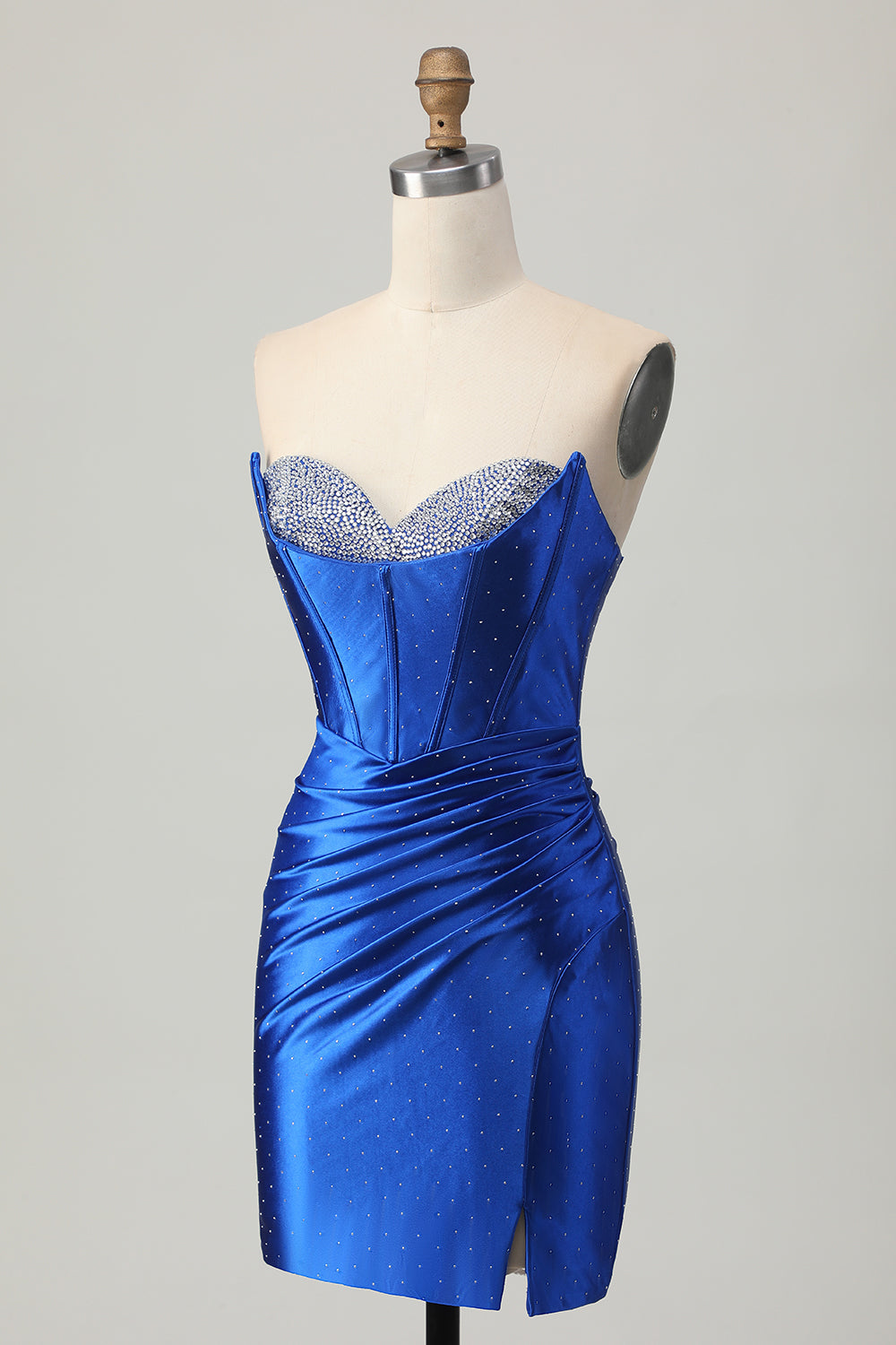 Sparkly Royal Blue Bodycon Satin Short Corset Homecoming Dress with Beading
