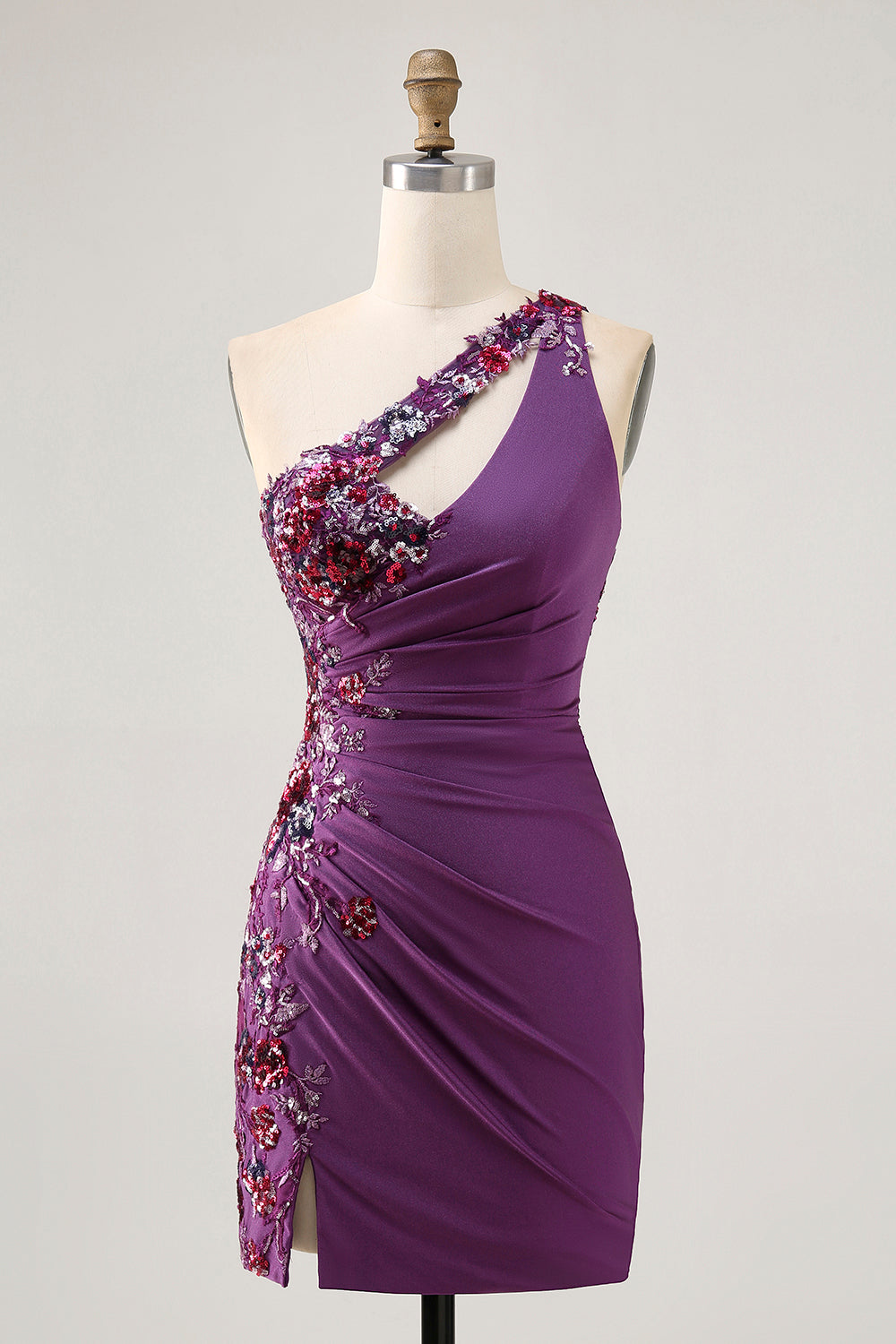 Sparkly Dark Purple Tight One Shoulder Short Floral Homecoming Dress