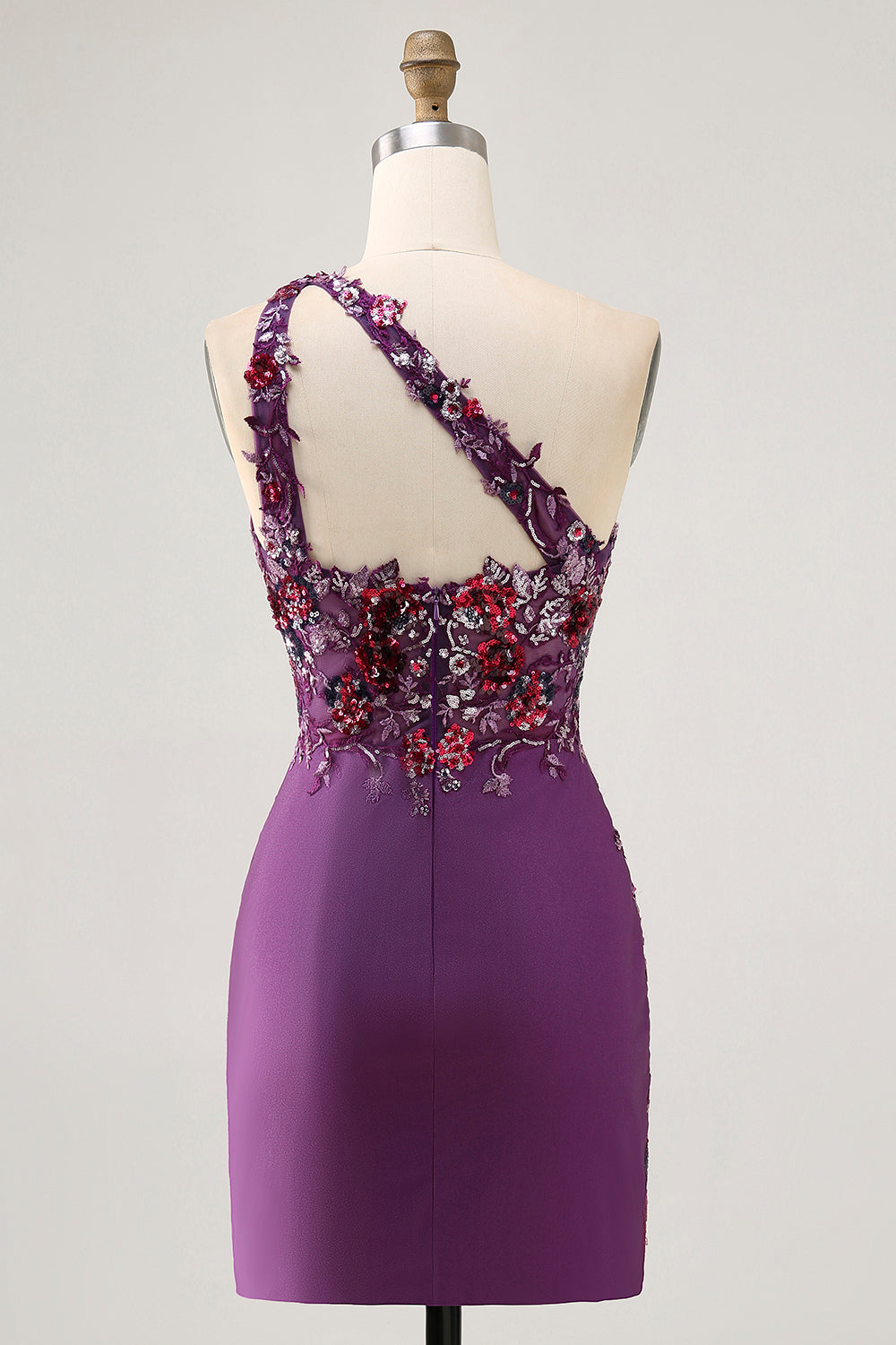 Sparkly Dark Purple Tight One Shoulder Short Floral Homecoming Dress
