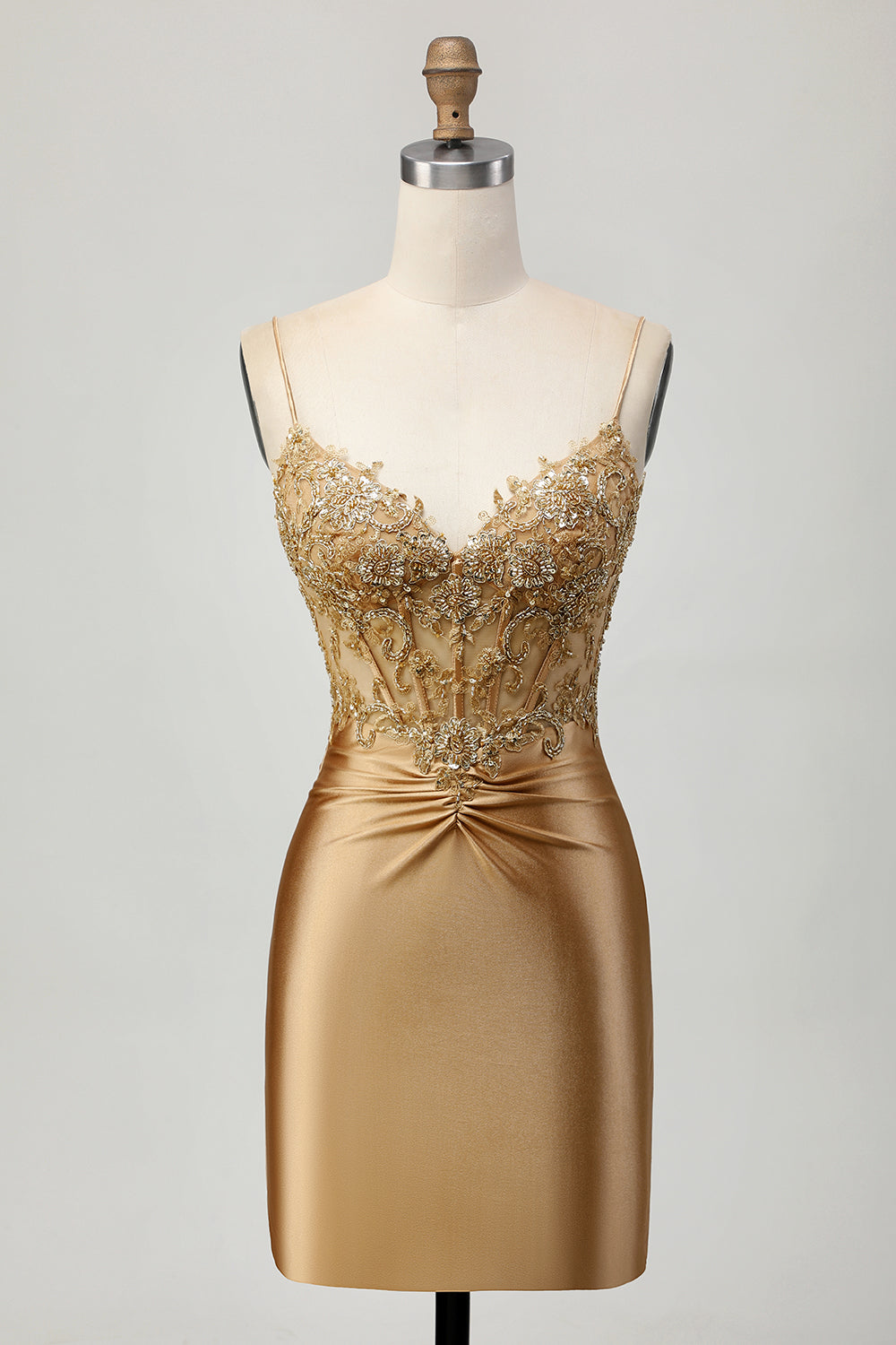 Sparkly Golden Satin Tight Short Corset Homecoming Dress with Appliques