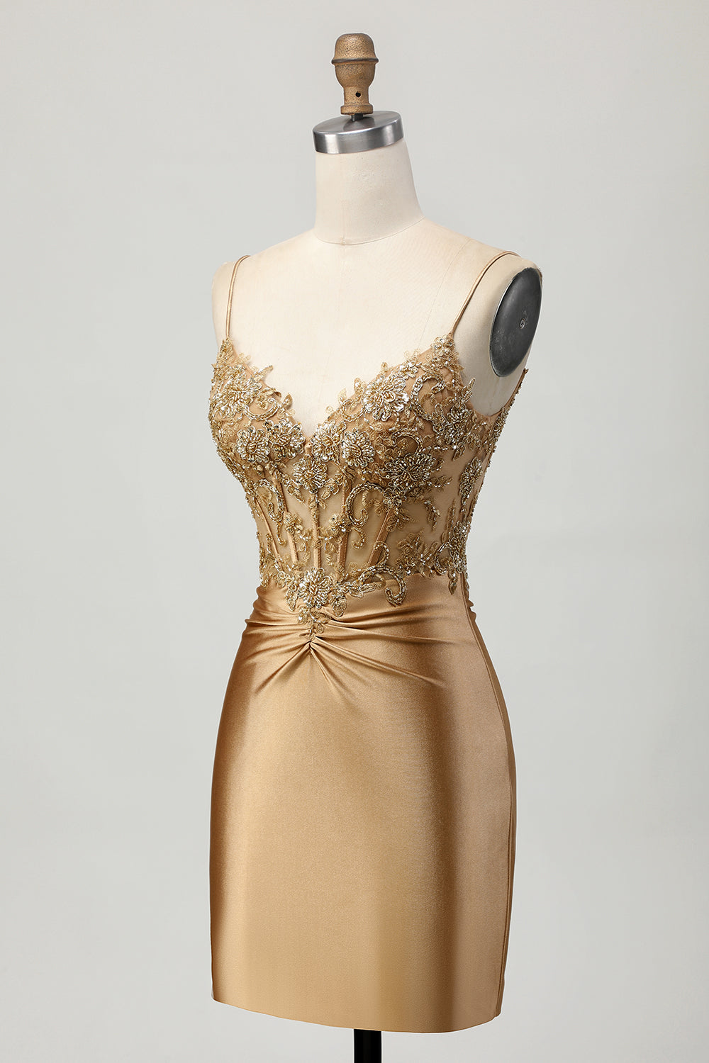 Sparkly Golden Satin Tight Short Corset Homecoming Dress with Appliques