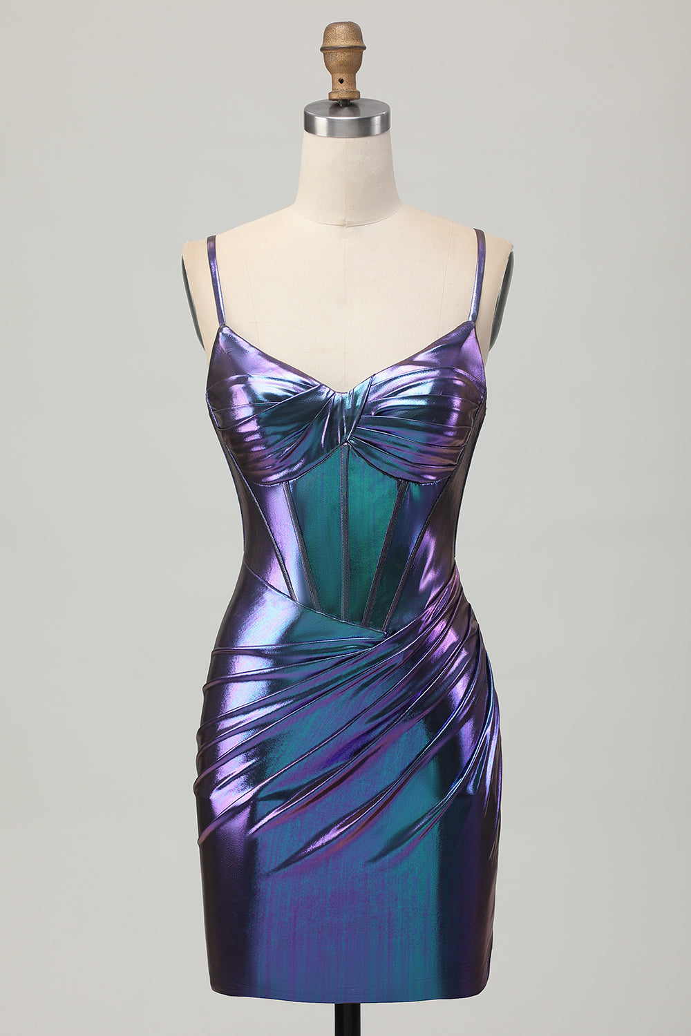Metallic Blue Purple Bodycon Spaghetti Straps Short Corset Homecoming Dress