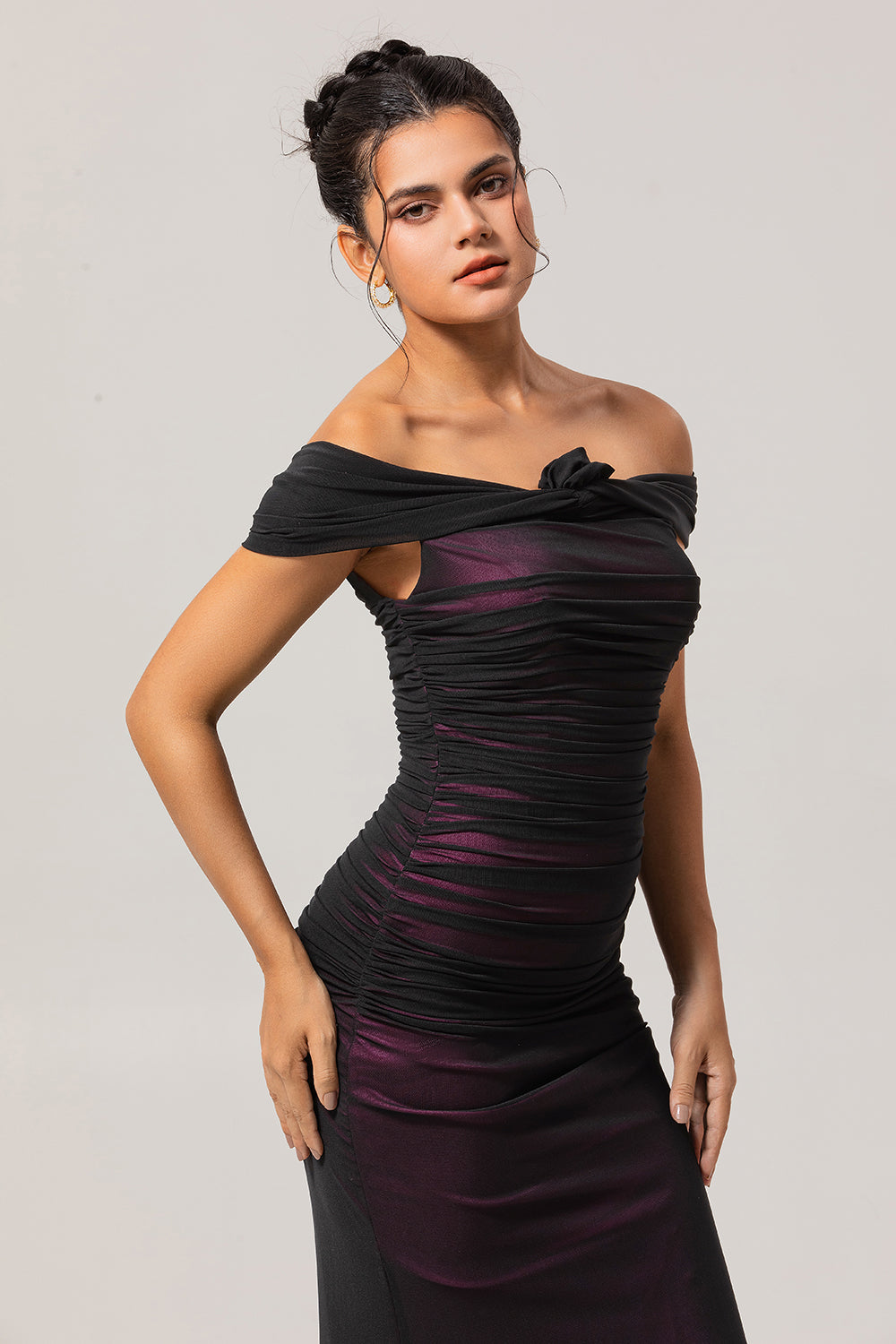 Black Pink Mermaid Off the Shoulder Long Wedding Guest Dress with 3D Flower